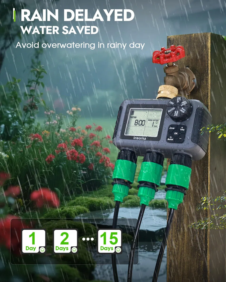 Insoma Timer irrigatore a 3 zone con ingresso in ottone + impermeabile IPX5 | Modalità di irrigazione automatico/manuale programmabile con ritardo pioggia e grande LCD | Timer per tubo dell'acqua 3