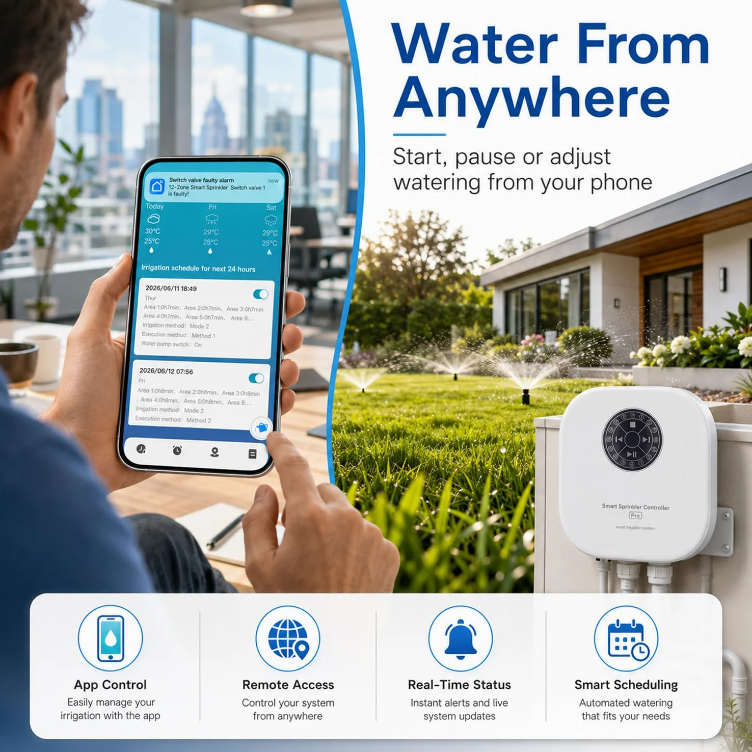 Computer di irrigazione intelligente Wi-Fi, 12 zone, controllo dell'irrigatore controllato tramite app, per giardino e prato, regolazione automatica del meteo, salto del sensore di pioggia, facile