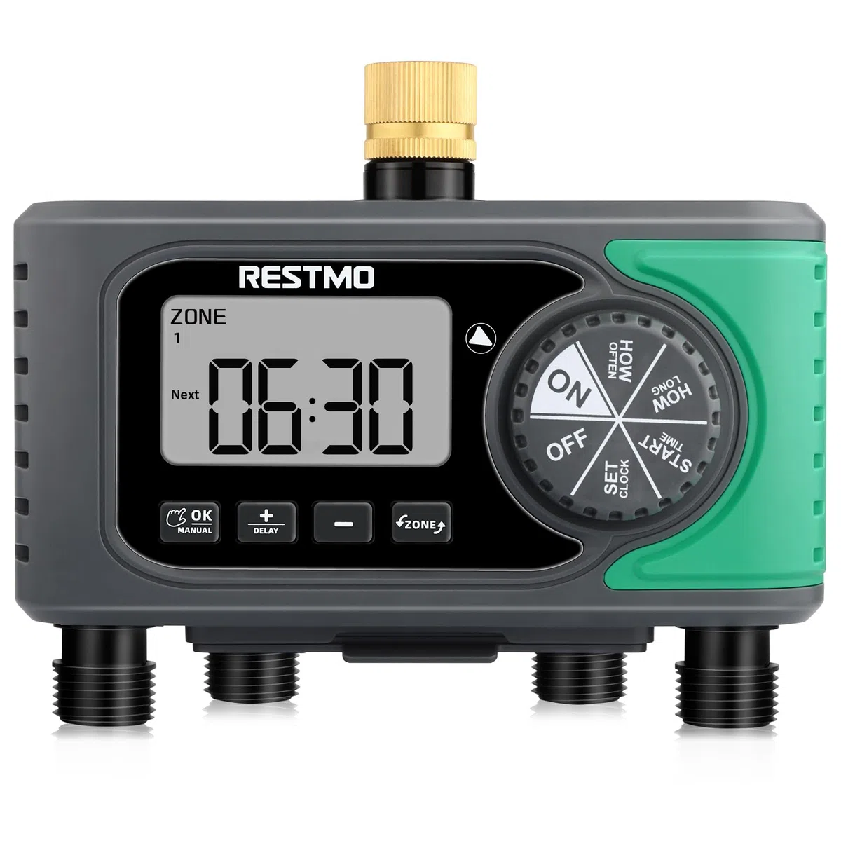 RESTMO Timer irrigatore a 4 uscite con ingresso in ottone, timer dell'acqua programmabile a 4 zone per tubo da giardino, controllo digitale automatico, ON/OFF manuale, ritardo pioggia, per rubinetto