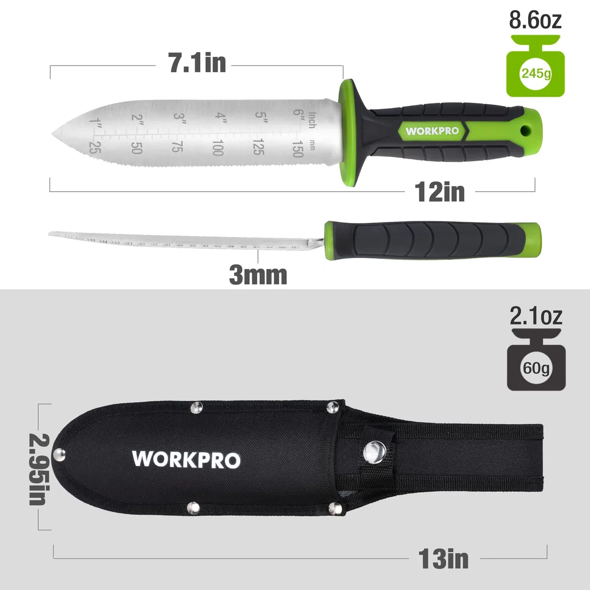 WORKPRO Coltello da Giardino in Acciaio Inossidabile, Strumento Ergonomico con Manico in TRP, Paletta da Giardino con Custodia in Oxford - Ideale per Estirpazione, Piantagione e Scavatura