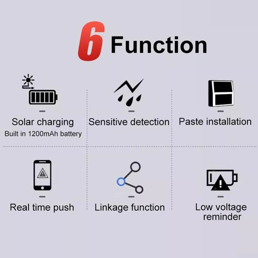 Sensore di pioggia solare con rilevamento in tempo reale per domotica Tuya, design wireless resistente alle intemperie con avvisi telefonici immediati, alimentato da