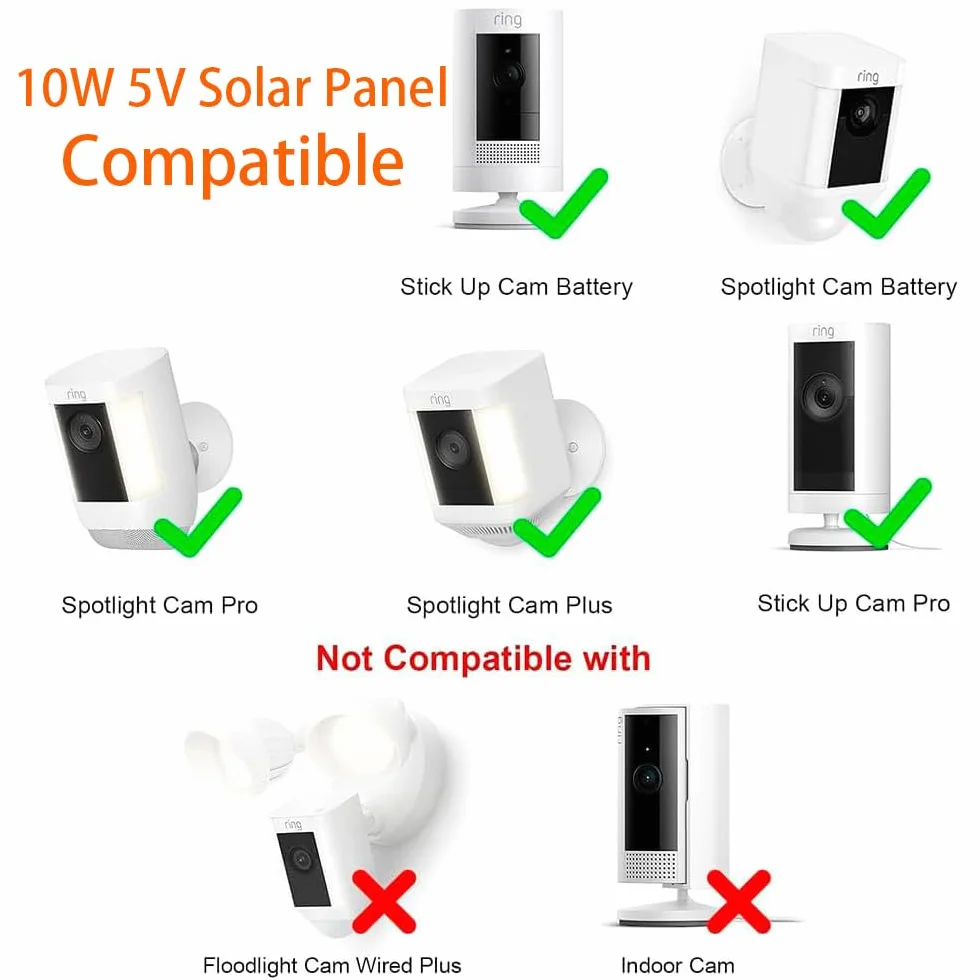 Caricabatterie per pannello solare da 10W/5V,con due connettori DC3.5x1,35 e USB-C, cavo di ricarica da 9,8Ft,compatibile con Ring Spotlight Cam Plus/Pro,batteria Stick Up Cam 2nd/3rd Generation