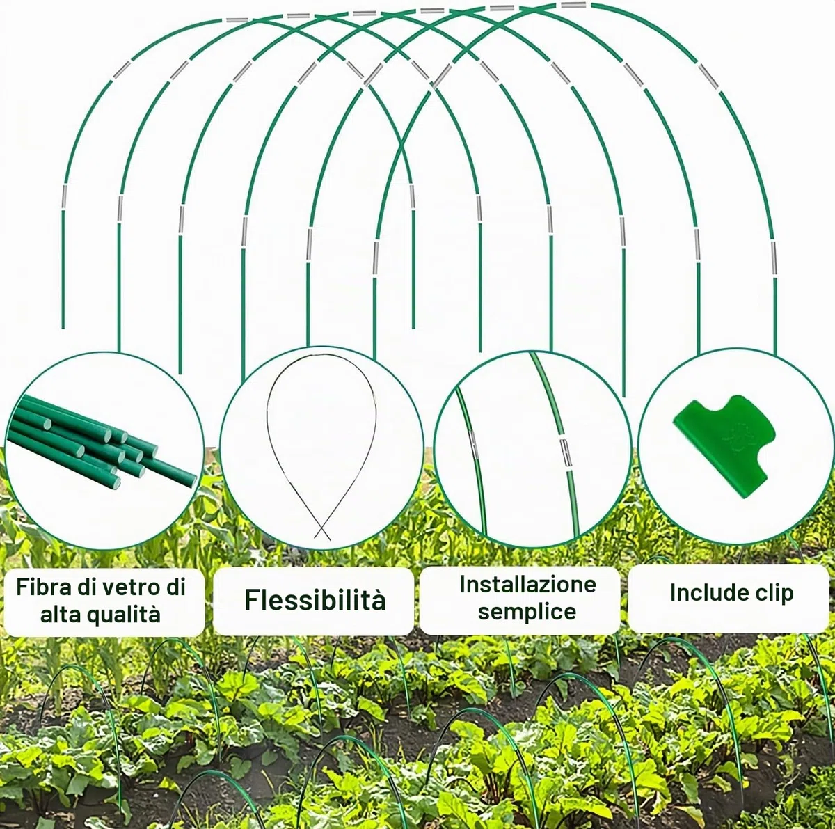 LATERN 6 Pezzi 115CM x 85CM Cerchi da Giardino per Serra, Regolabile Piante Coltivazione Tunnel Telaio, 36 Tubi a Cerchio con 30 Tubi di Collegamento, 18 Morsetti - per Plastica Pellicola Copertura