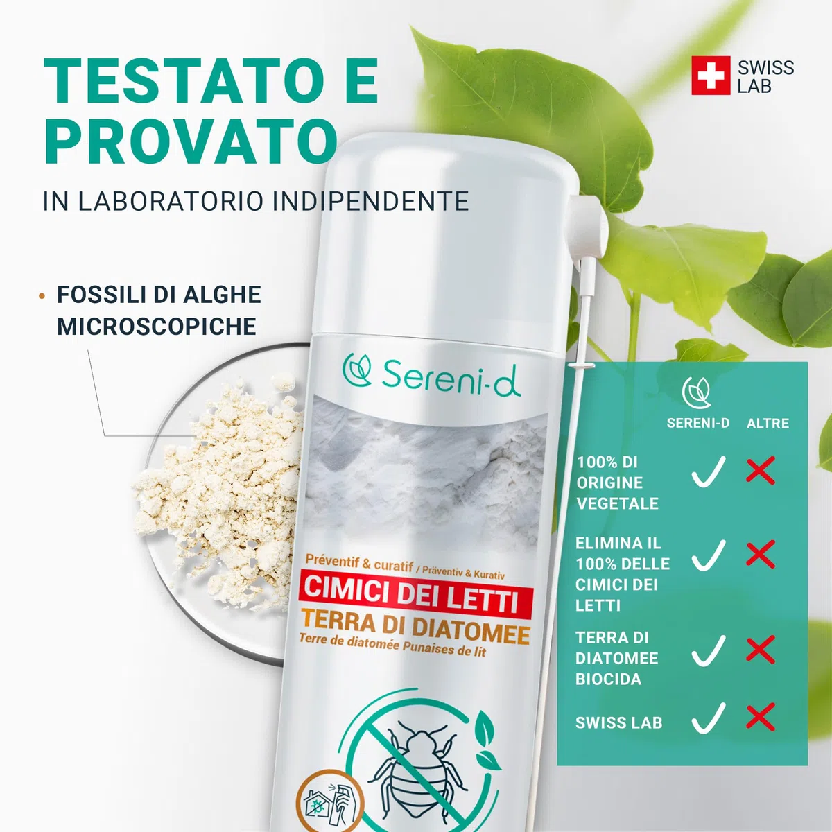 TERRA DI DIATOMEE CIMICI DA LETTO – AEROSOL ANTI CIMICI DA LETTO – EFFICACIA FULMINANTE – Ingredienti 100% naturali - Azione IMMEDIATA ed EFFICACE - Swiss Lab