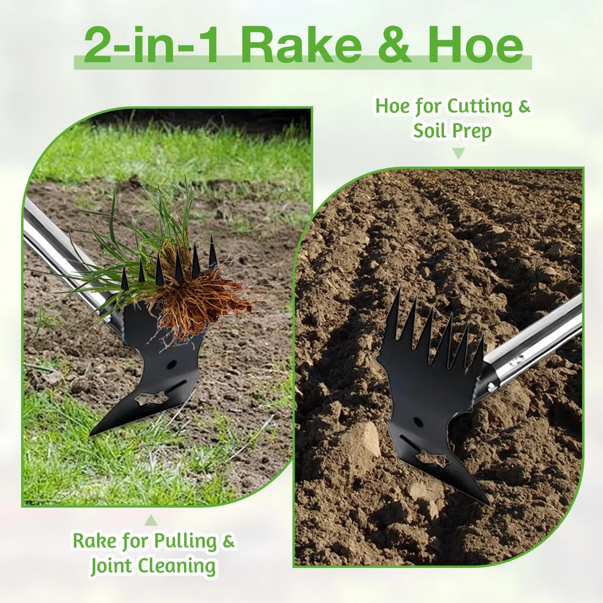 Attrezzo per Estirpare le Erbacce, Rastrello Manuale 2 in 1 e Zappa da Giardino Rastrello Sarchiatore Estirpatore Erbacce Manuale con Manico Lungo per Giardino Prato Patio