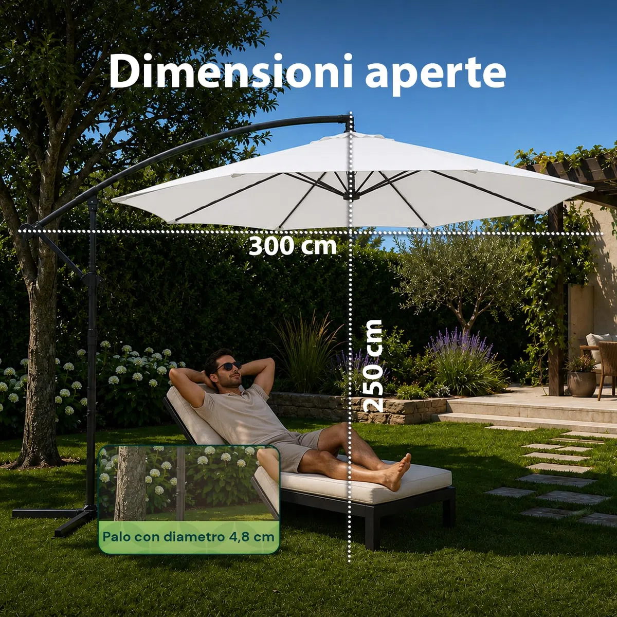 Avilia - Ombrellone da Giardino 300 cm Altezza 2,5 m con Braccio Decentrato, Tessuto Impermeabile e Anti Raggi UV, Apertura a Manovella, Design Moderno per Arredo Giardino per Esterno