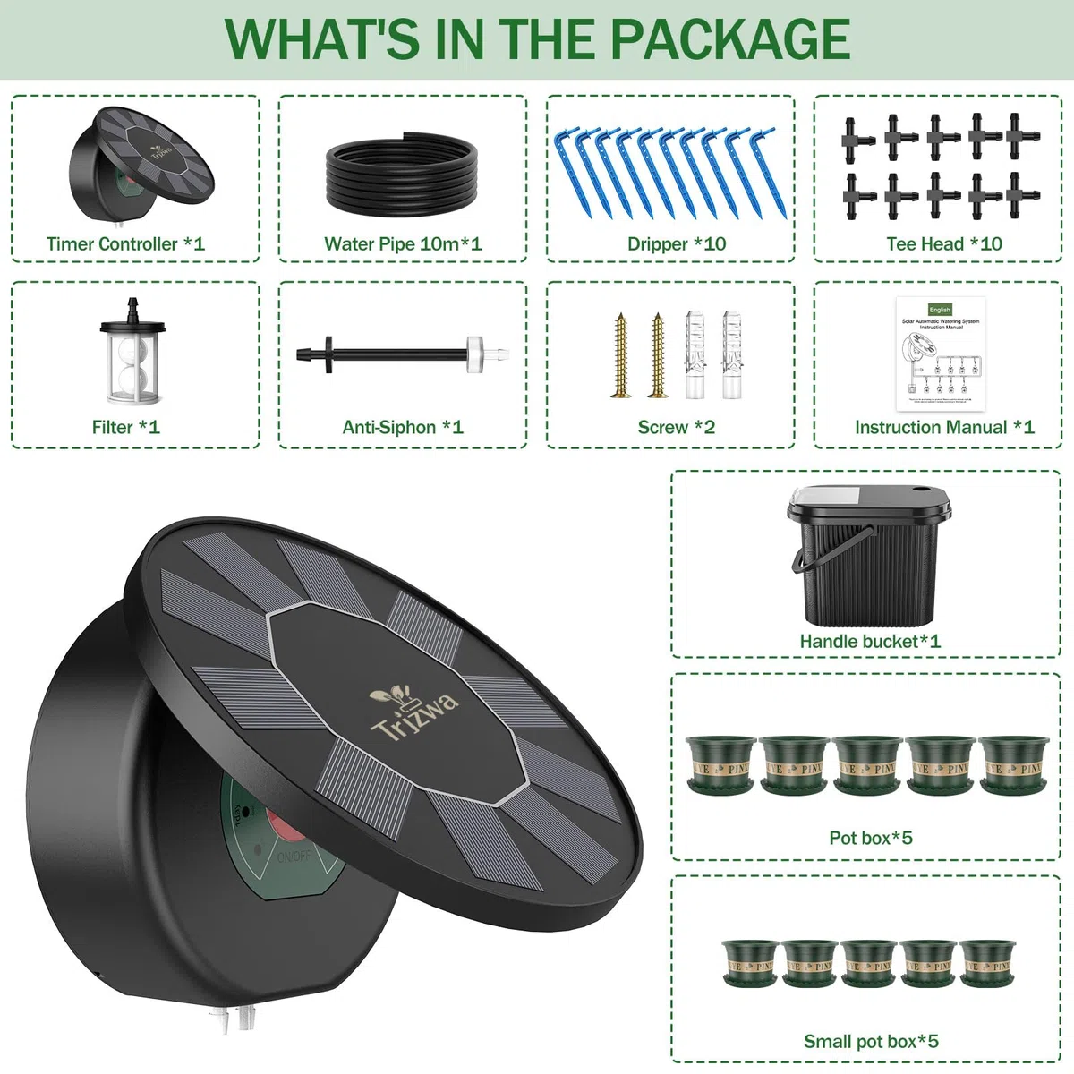 Sistema di Irrigazione Solare con Serbatoio Integrato per Piante | Kit con Timer Programmabile, Serbatoio Esterno e 5 Fioriere Grandi + 5 Piccole Incluse per Balcone e Piante in Vaso, Balcone