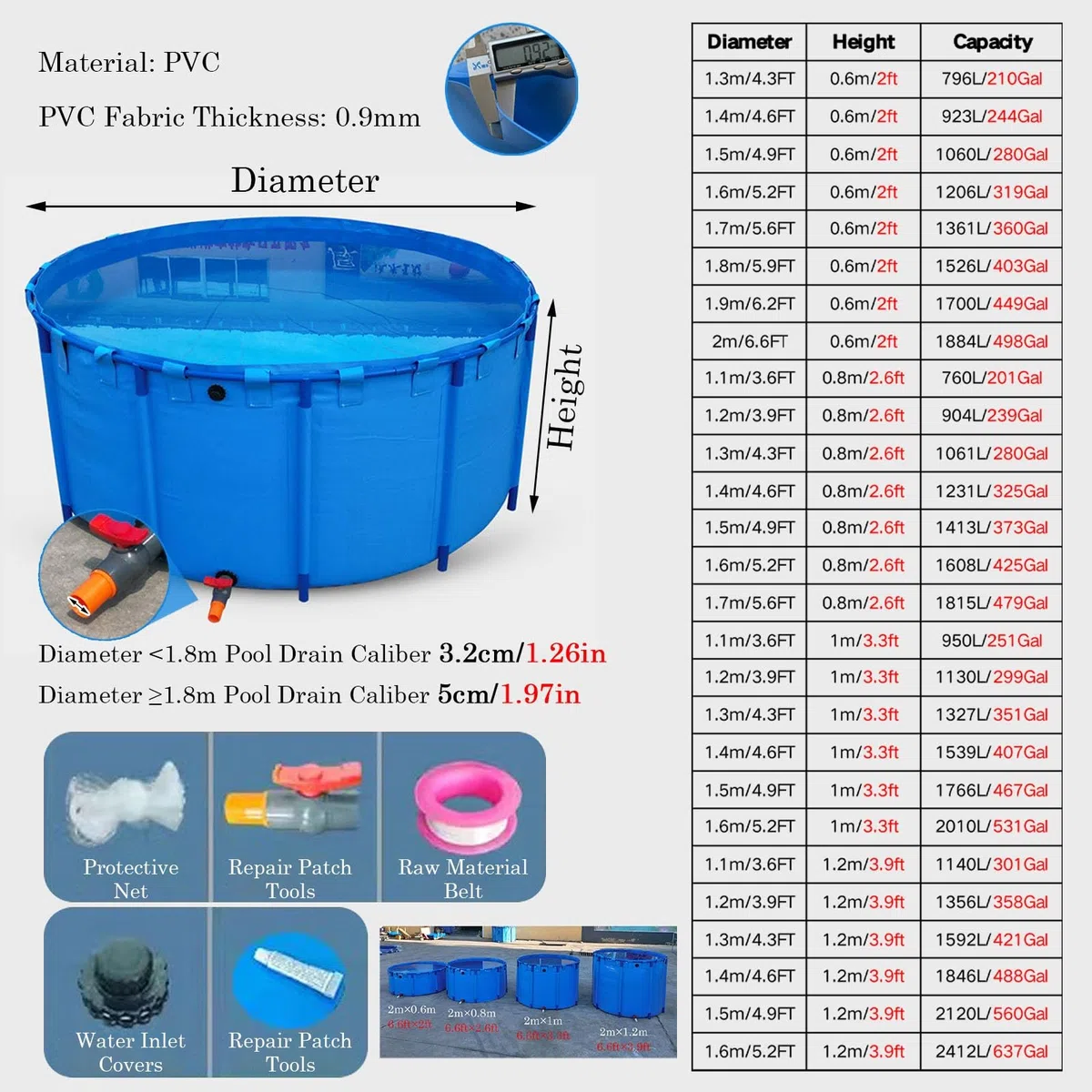 Piscina Fuori Terra/Telaio Acciaio Piscina Fuori Terra Rotonda, Alta 60 80 100 120 Cm Piscine Per Esterni Telaio In PVC Resistente Per Il Bagno Degli Animali Domestici, Serbatoio Rialzato Per Laghett