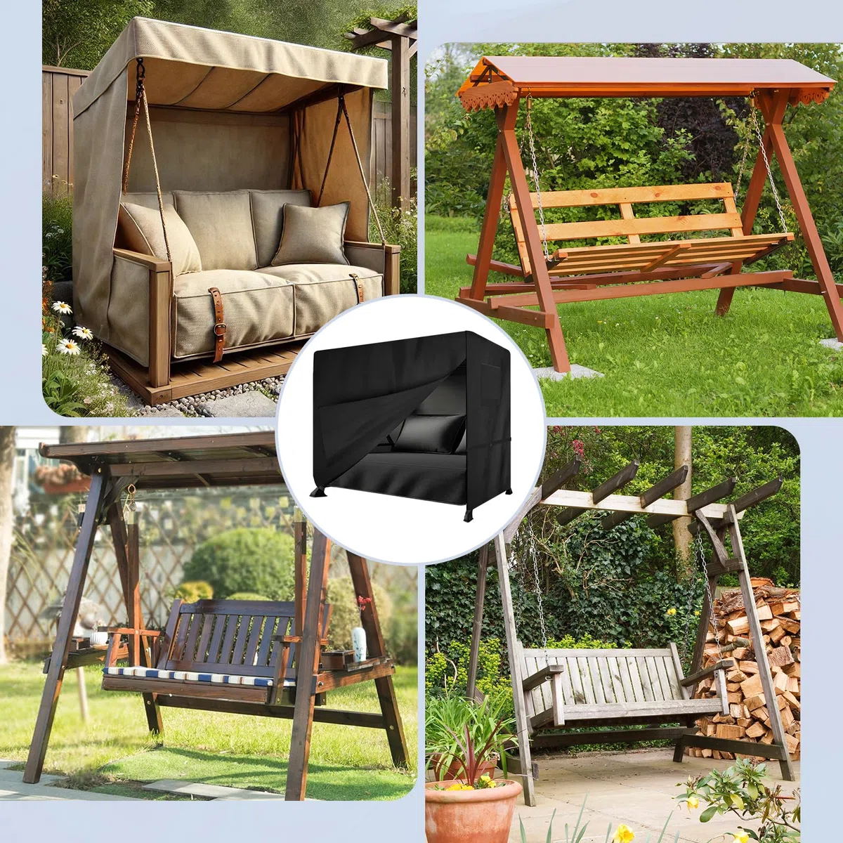 Copertura per dondolo Hollywood, 210 x 125 x 170 cm, resistente all'inverno, 3-4 posti, resistente agli strappi, in tessuto Oxford per mobili da giardino, altalena da giardino (nero)
