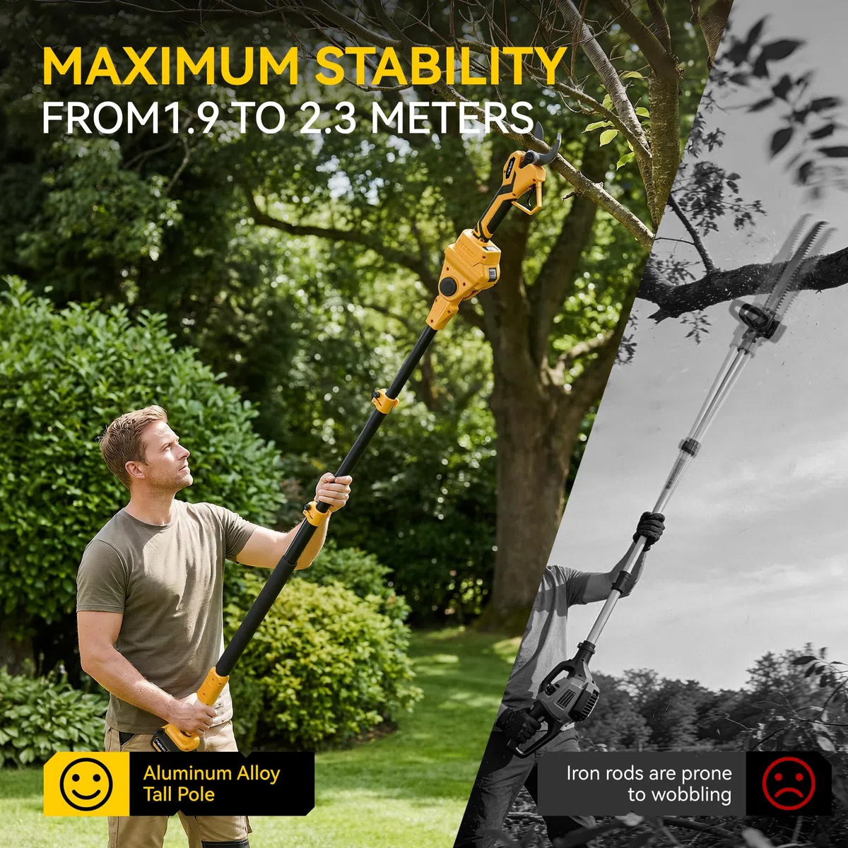 Motosega e cesoie elettriche da potatura MELLWIN 4 in 1, attrezzo da giardino senza fili da 20 cm con asta telescopica, serbatoio dell'olio da 30 ml, motore brushless, cesoie da giardino da 2,3 m e 40