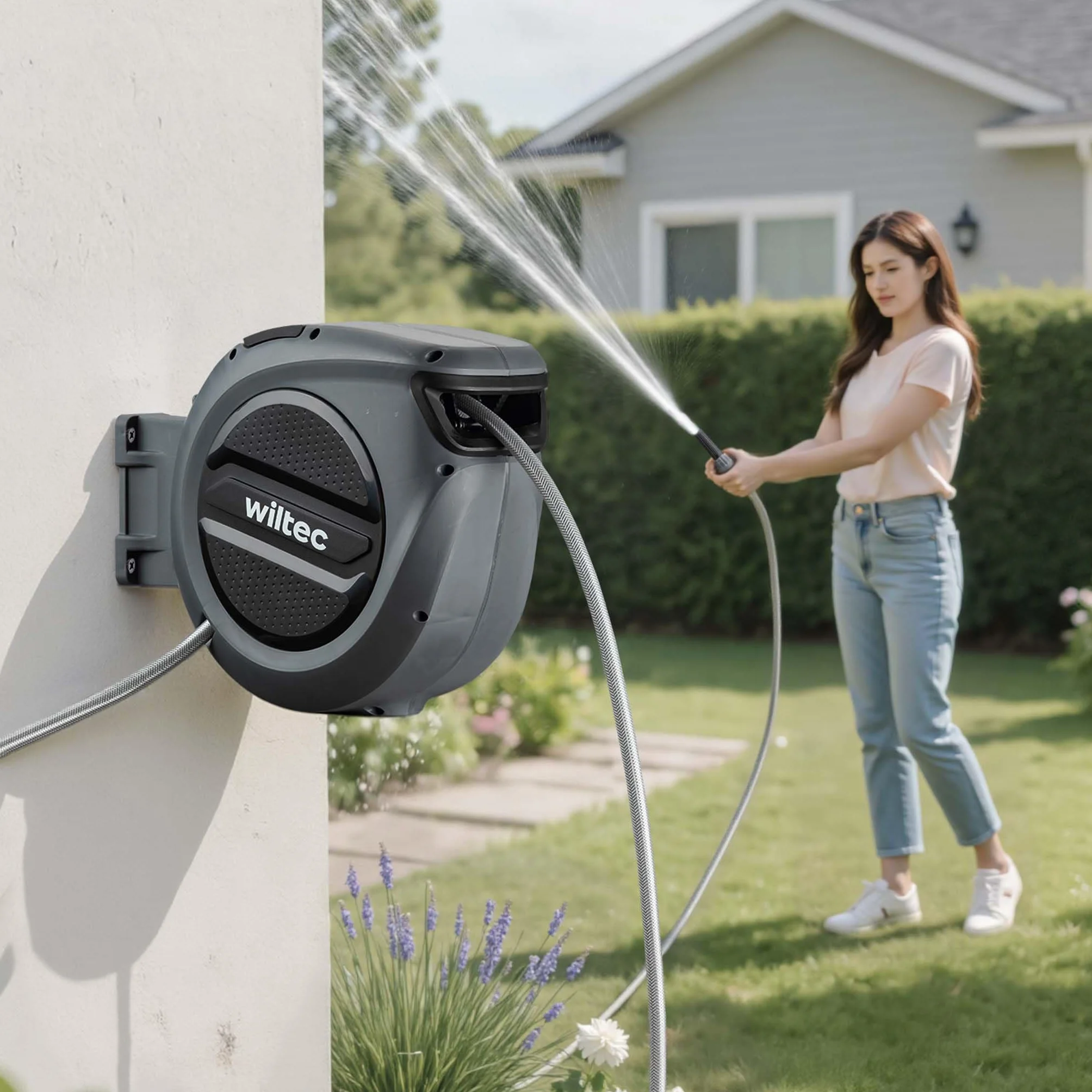 XPOtool Portatubo da giardino con avvolgitore automatico, avvolgitubo da parete con tubo da 20m, avvolgitore per tubo acqua