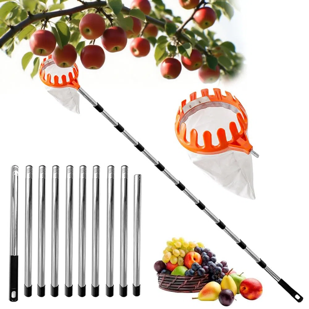 MANGLI 4,2 m raccogli frutta, raccogli mele, con manico telescopico, raccogli ciliegie in acciaio inox e sacchetto di cotone, raccogli frutta per ciliegie, pere, agrumi, pesche