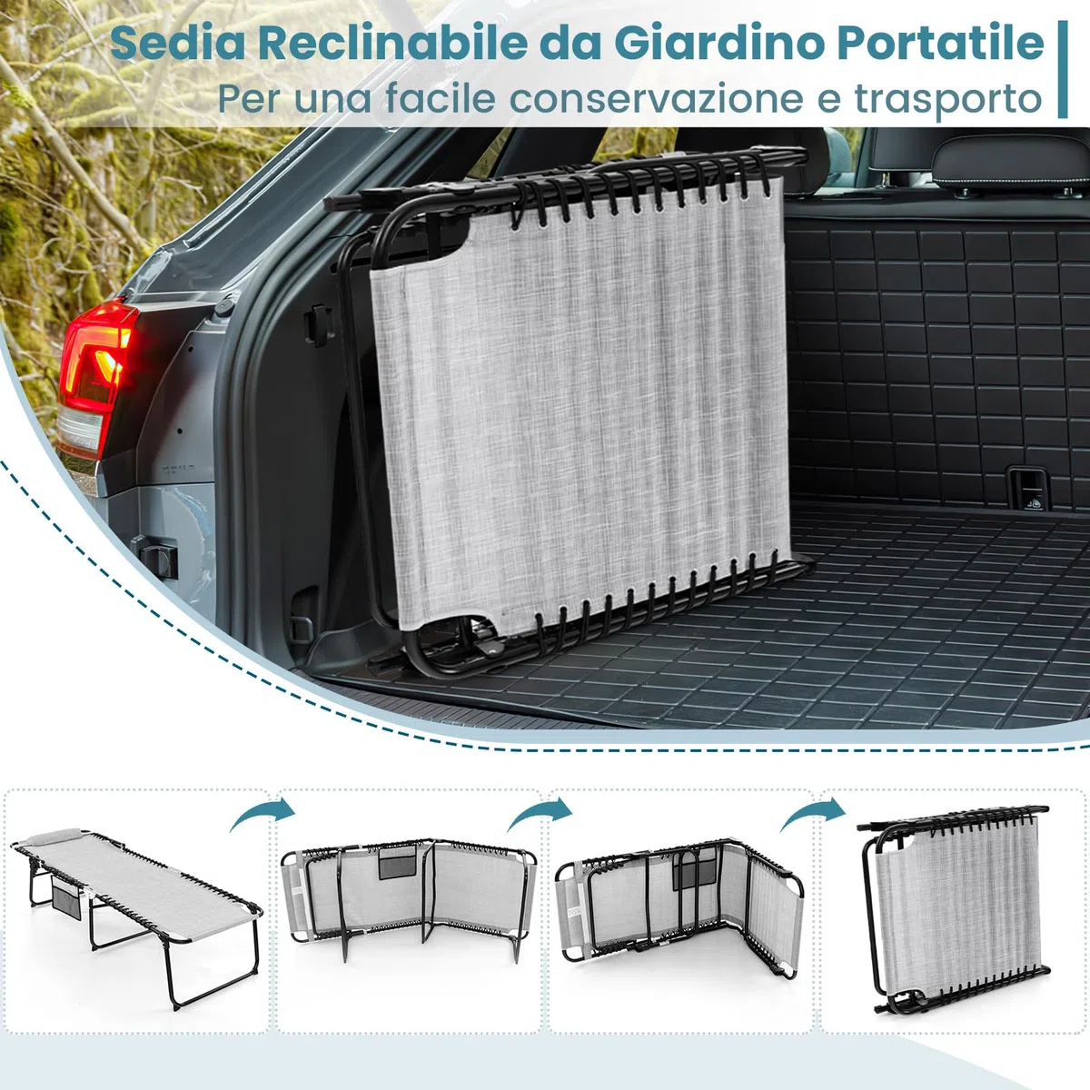 COSTWAY Lettino Prendisole da Giardino, Sedia a Sdraio Pieghevole con Schienale Regolabile, Cuscino Staccabile, Tasca, Portata 200 kg, 168-188 x 69 x 41-86 cm (Grigio)