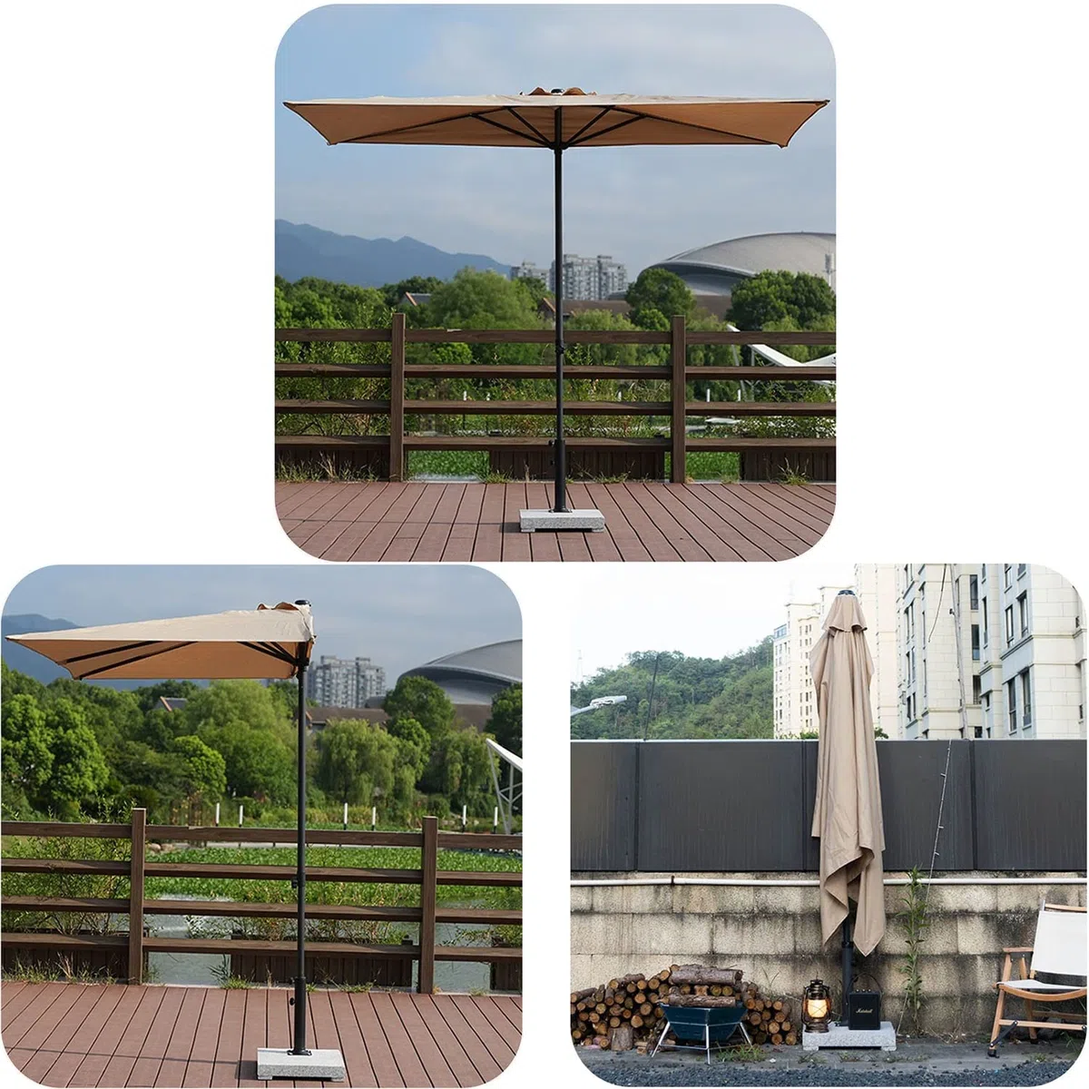 250x130cm Ombrellone Rettangolare da Parete Ombrellone a Mezzaluna da Terrazza e Giardino for Muro con Regolabile in Altezza, Include Base (Color : Naturale)