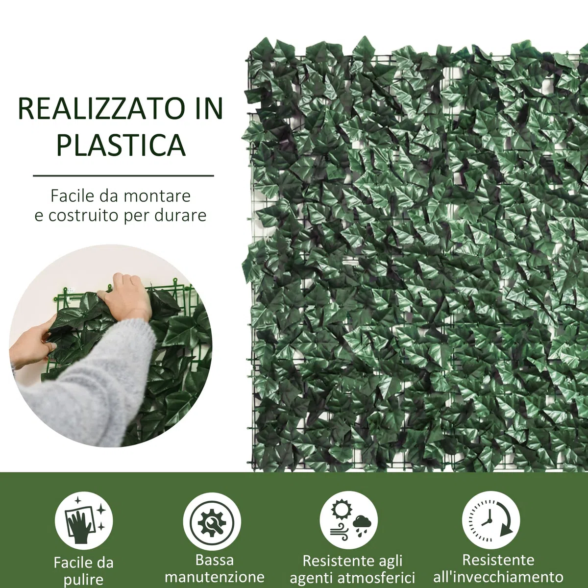 Outsunny Rotolo di Siepe Artificiale per Balcone e Giardino in PE Anti-UV, Siepe Finta con Foglie Verde Scuro 300x100cm
