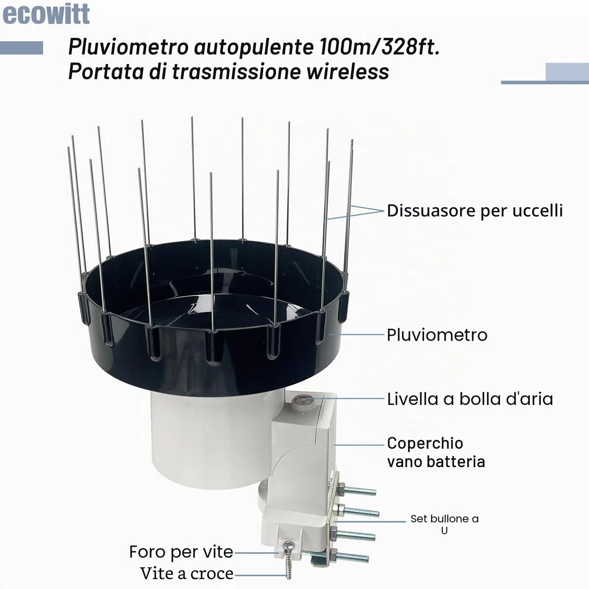 ECOWITT WH5370H - Pluviometro digitale senza fili (con termometro), serbatoio autosvuotante con design migliorato da 3,5 cm per il monitoraggio della pioggia in tempo reale