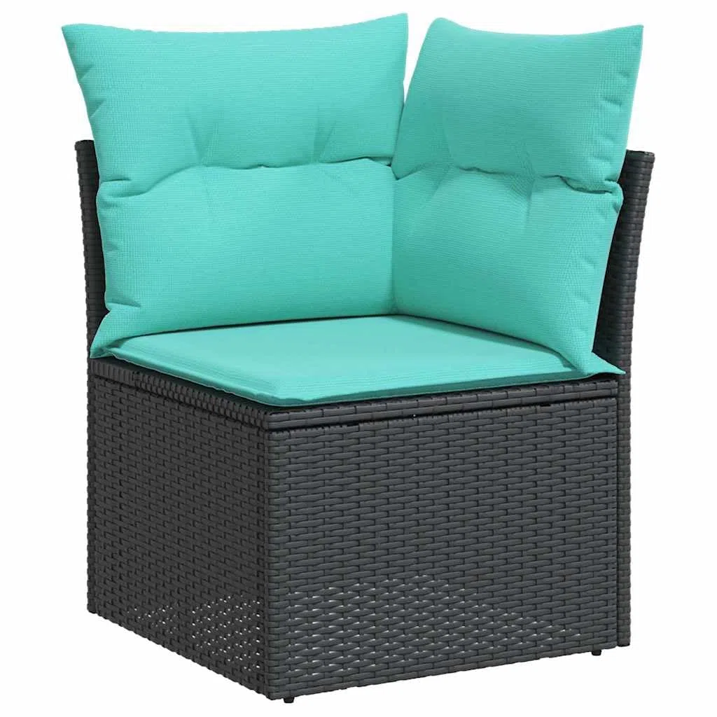 Set Divani da Giardino 10 pz in Polyrattan Nero con Cuscini Blu | Salotto componibile per terrazzo e patio con tavolo in legno di acacia e morbide sedute modulari per relax all aperto.