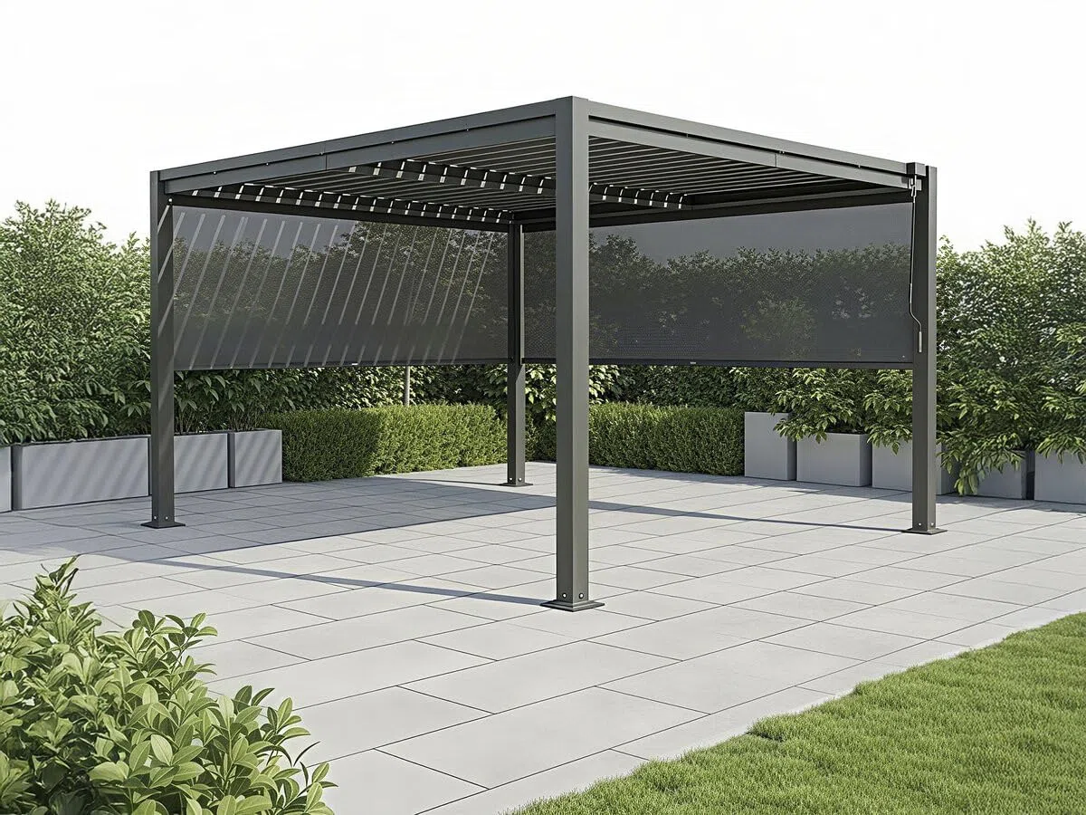Pergola bioclimatica "Howard" con 2 tende in acciaio zincato - 3 x 4 m - Grigio
