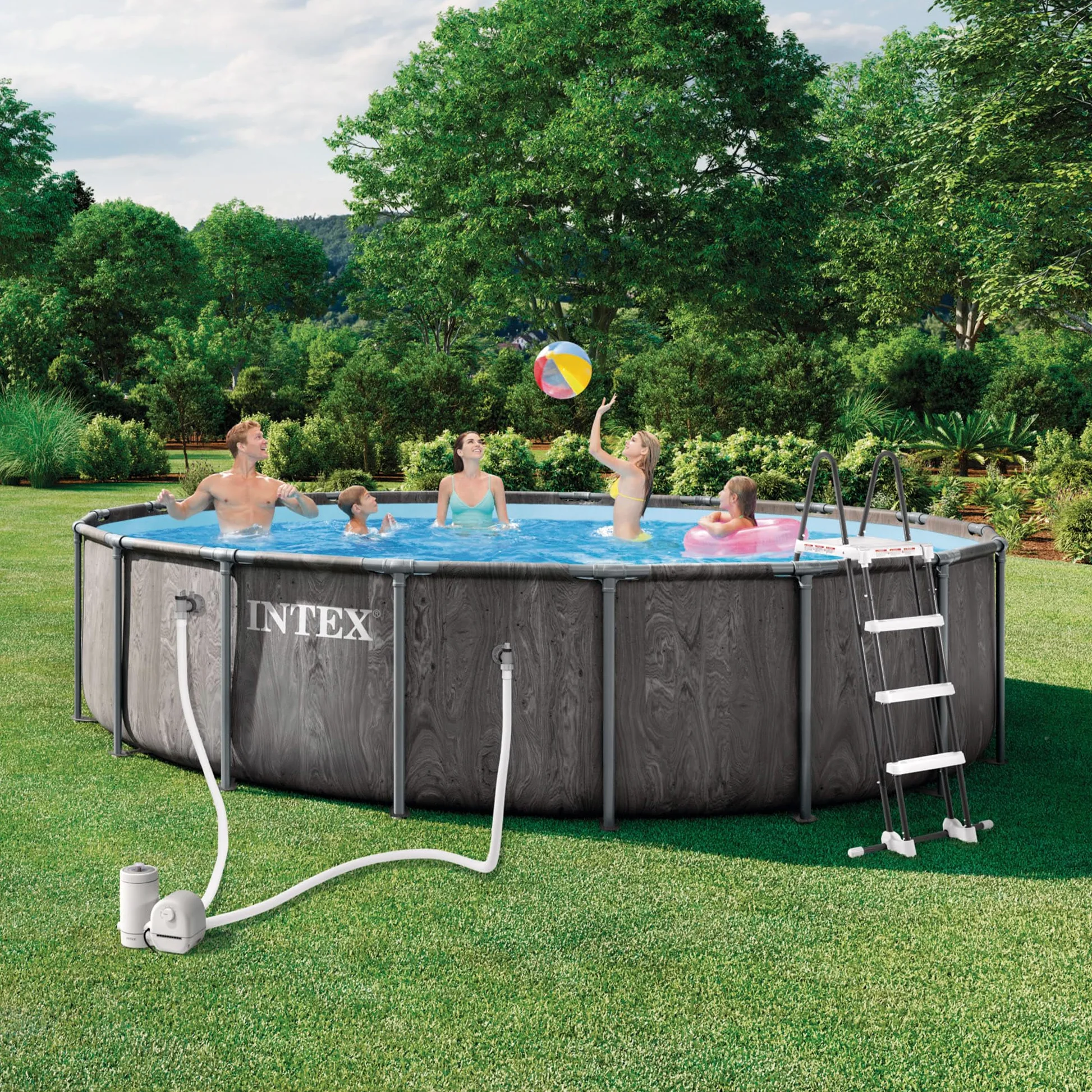 Intex 26744ND 5.49m x1.22m Greywood Prism Frame Premium Pool Set (Includes Filter Pump, Safety Ladder, Ground Cloth, Pool Cover)