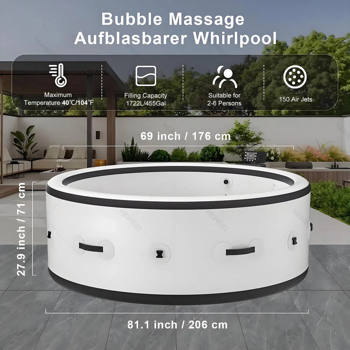 Vasca Idromassaggio Gonfiabile 206x206cm, SPA Portatile con Riscaldatore da 2500W e Sistemas di Massaggio a 150 Getti D'aria, Adatta a Piccoli Bagni e Giardini, Include Copertura Isolante e Filtro