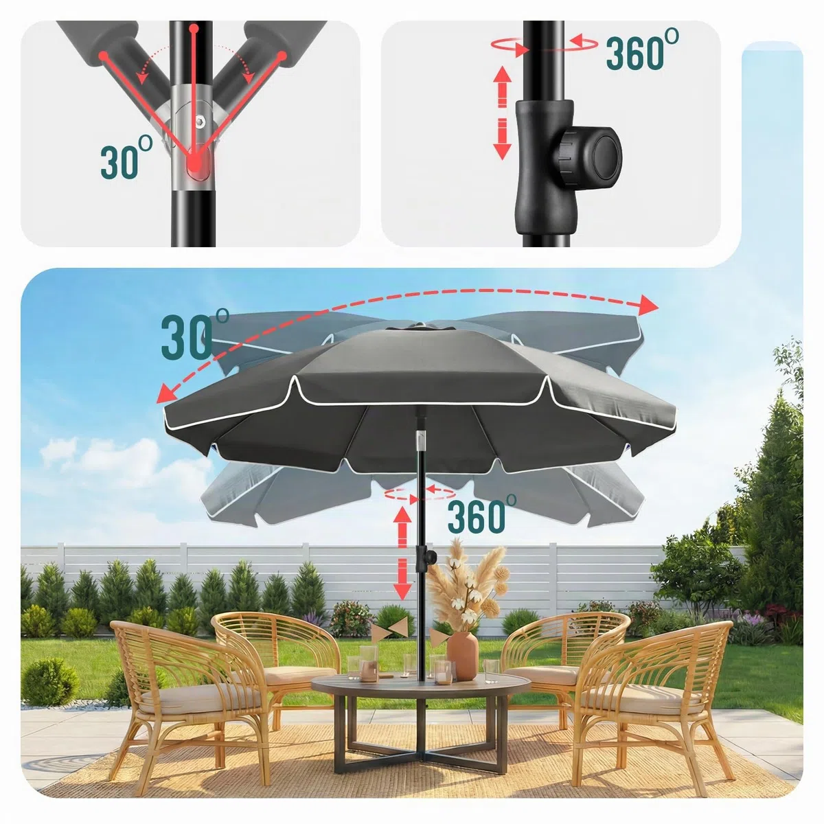 VOUNOT® Ombrellone da Spiaggia 2m Inclinabile Altezza Regolabile, Ombrellone da Giardino con Ancoraggio al Suolo Protezione UV 50+ e Borsa da Trasporto per Balcone, Terrazza e Campeggio, Grigio