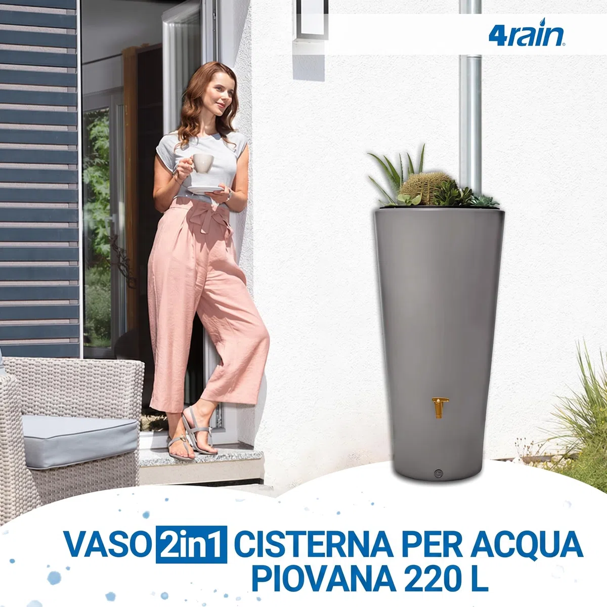 4rain VASO 2in1 serbatoio per pioggia 220 litri grigio zinco incl. rubinetto in plastica e raccordo pluviale - contenitore acqua piovana decorativo - raccolta da grondaia pratica - con filtro incluso