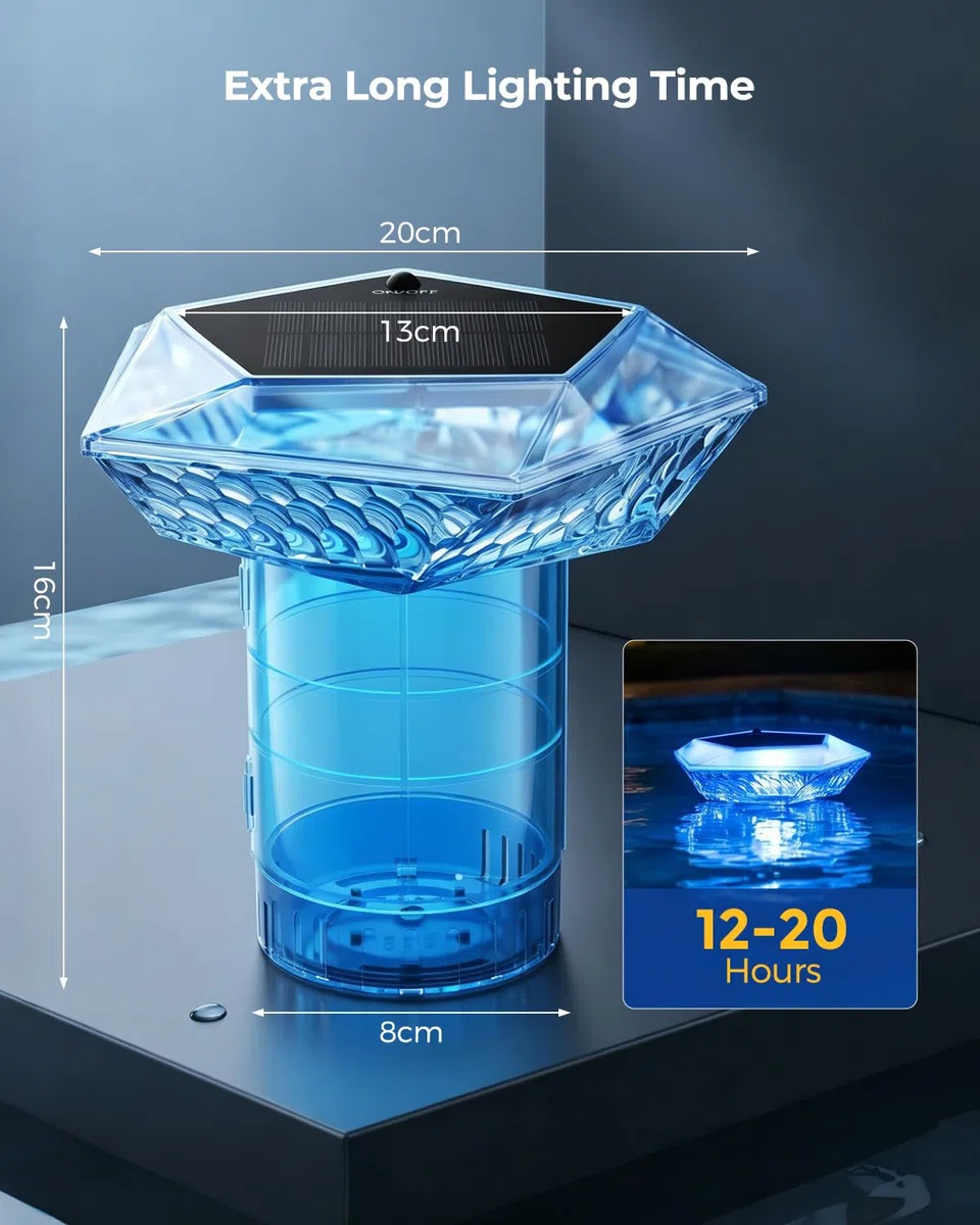 MYMULIKE Galleggiante dosatore per piscina, 2 pezzi di cloro solare per compresse di cloro da 3", grande dosatore di cloro per piscina con illuminazione per piscina, dosatore di cloro per piscina