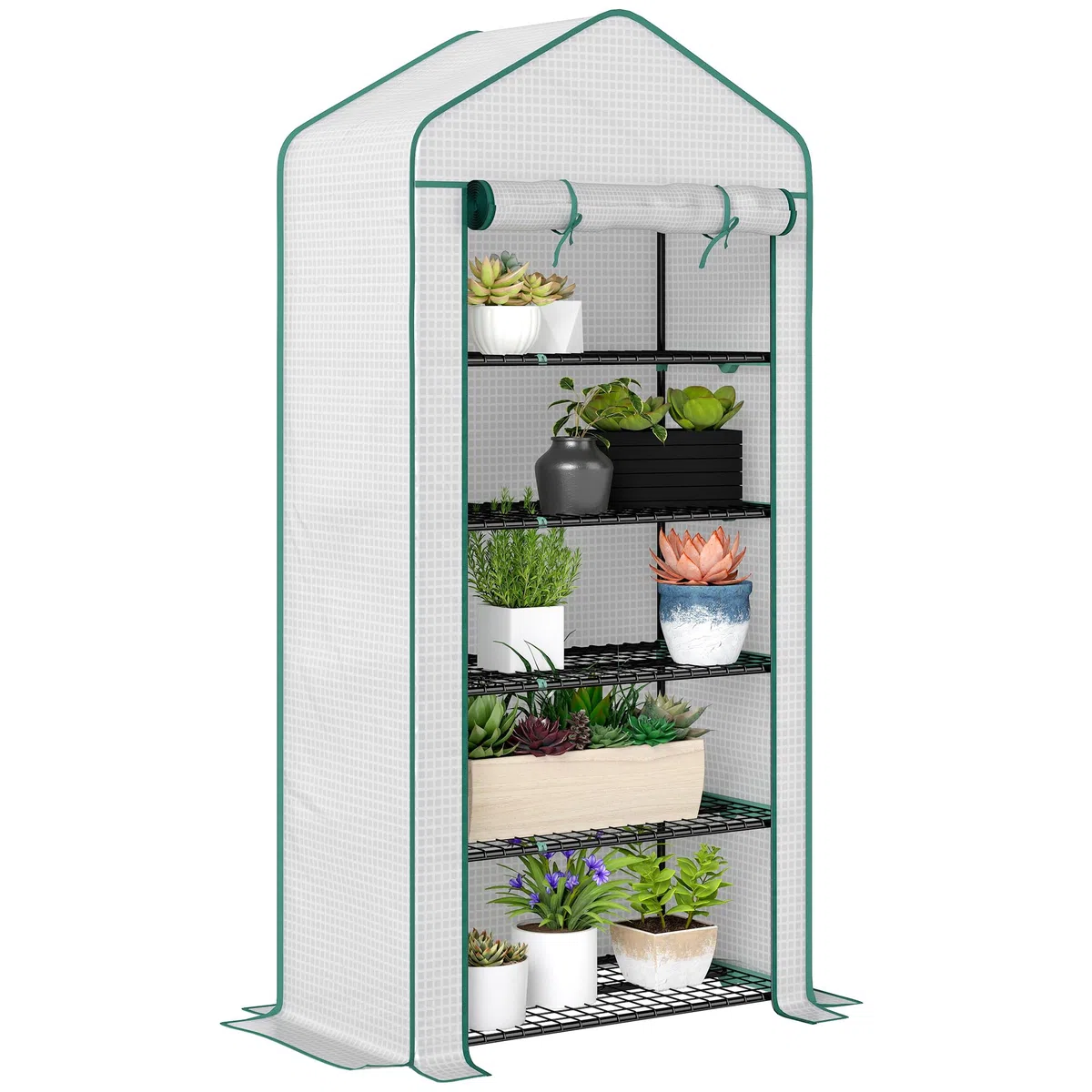 Outsunny Serra da giardino per balcone 5 livelli con 1 porta avvolgibile, telaio in acciaio e telo PE rinforzato per impieghi gravosi dim. 90L x 49W x 193H cm