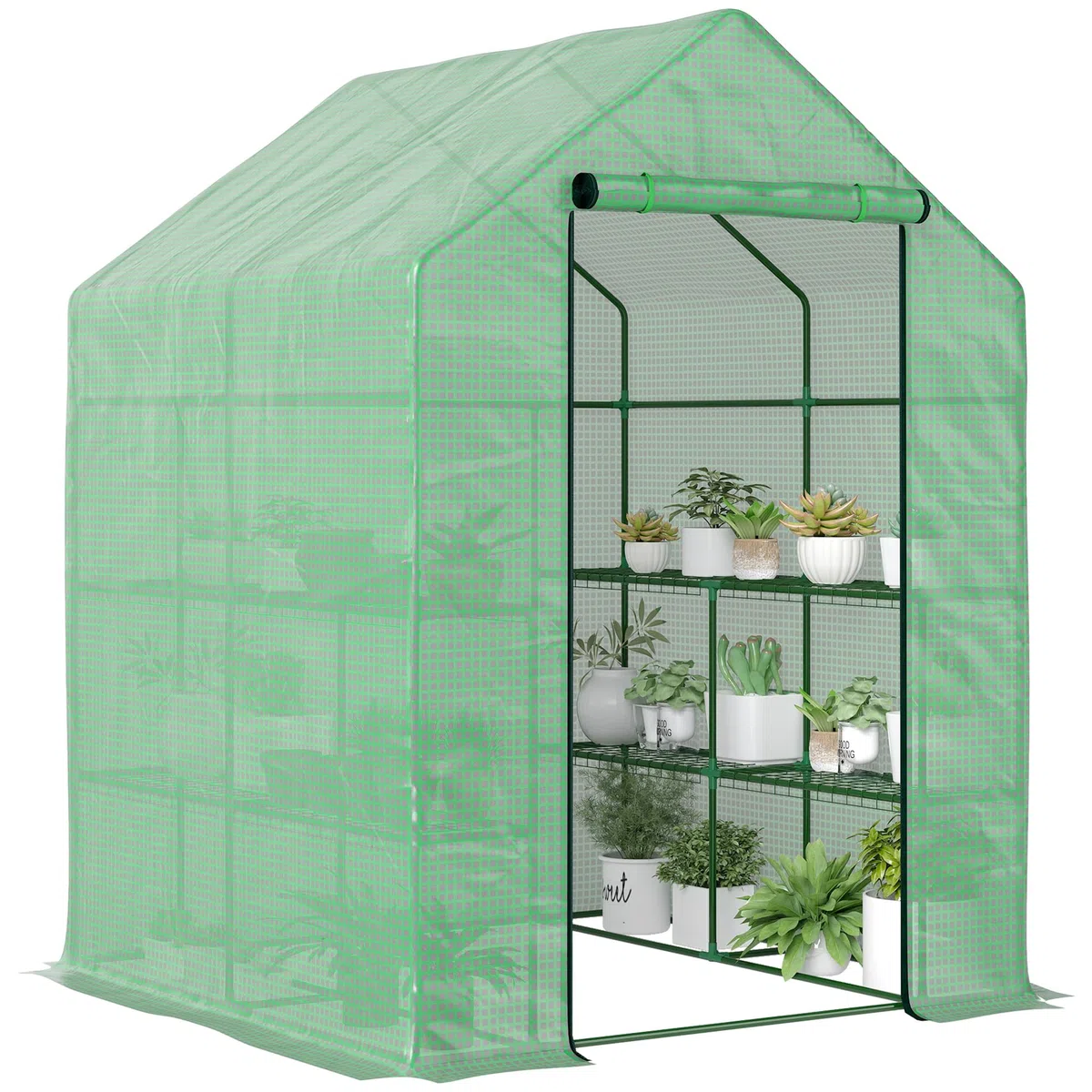 Outsunny Serra da Giardino con Scaffali per Piante, Serra da Balcone con Copertura in PE e Porta Avvolgibile, 143x138x190cm, Verde