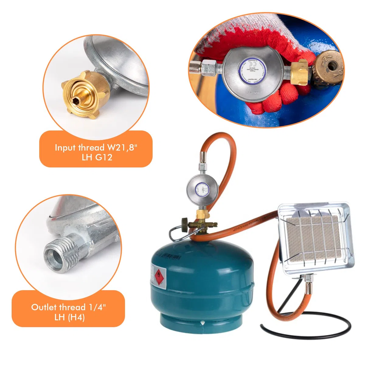 PHYLES Regolatore di pressione del gas 50mbar，Set con riduttore di pressione per gas e tubo per il gas, lunghezza 1,5 m