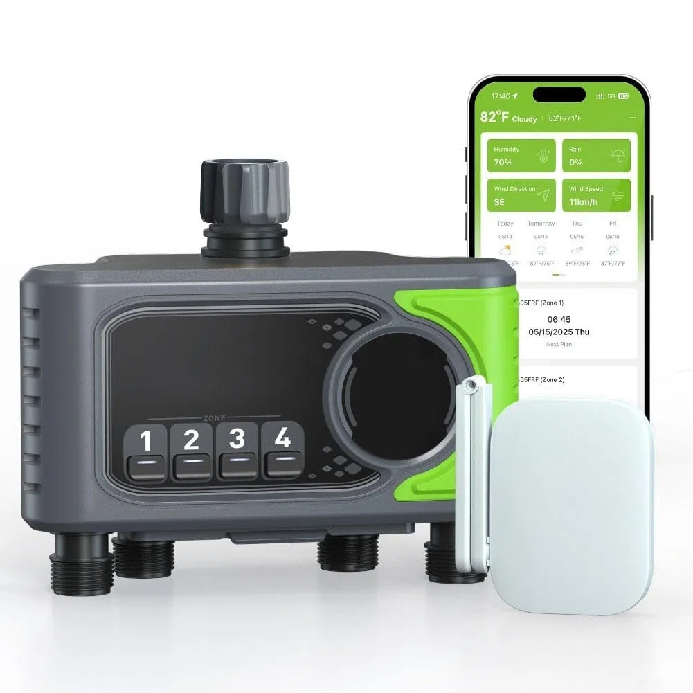 Timer per irrigazione WiFi a 4 zone, controller intelligente per irrigazione da giardino con app e controllo vocale, programma di irrigazione basato sulle condizioni meteorologiche per sistema di tubi