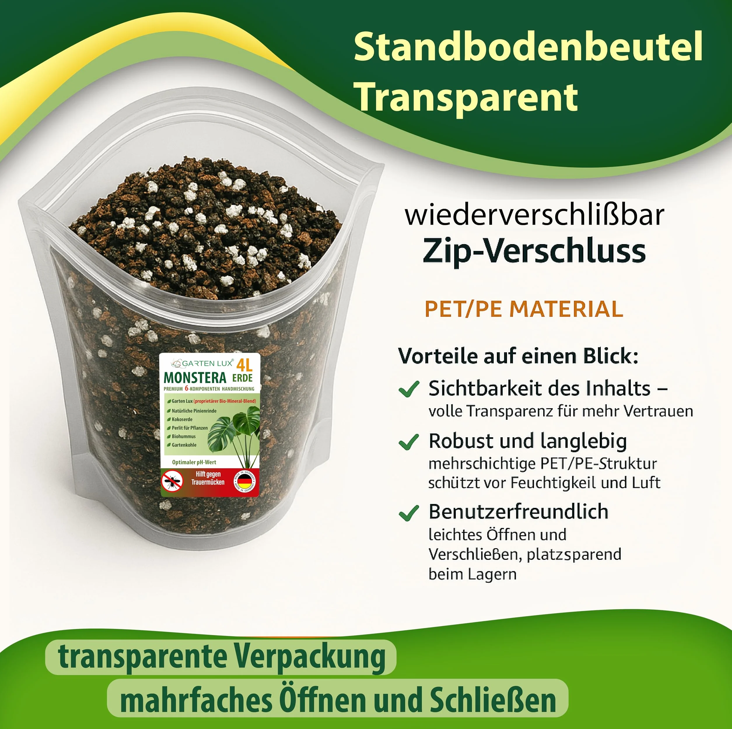 Garten Lux Monstera Terra 4L senza torba - 6-in-1 contro le zanzare lutto | substrato aroideo | terriccio di cocco, perlite, corteccia di pino, biohumus, carbone da giardino + complesso segreto |
