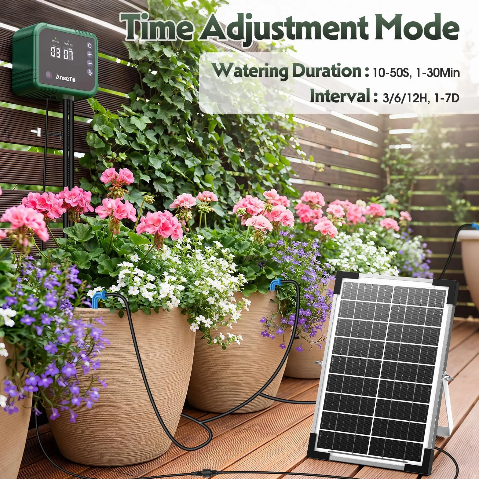 Kit per Sistema di Irrigazione Solare 8W per Giardino/Balcone/Serra | Controller Intelligente Regolabile con 30 Gocciolatori per Irrigazione Automatica di Orti, Serre, Aiuole e Piante in Vaso