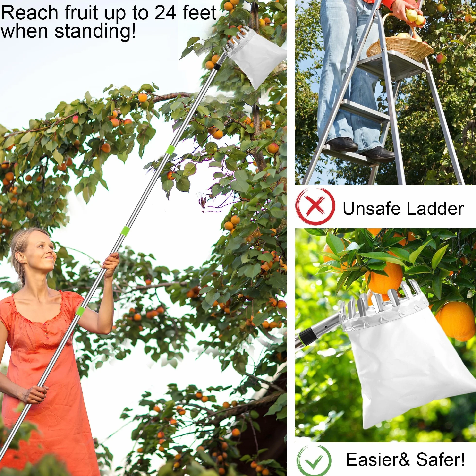 Strumento per Raccolta di Frutta,Raccoglitrice di Mele Raccogli Fichi con Leggero Regolabile Palo in Acciaio Inox Telescopico E Borsa per Limoni Mele Pere Pesche Arance Bacche 2.4m