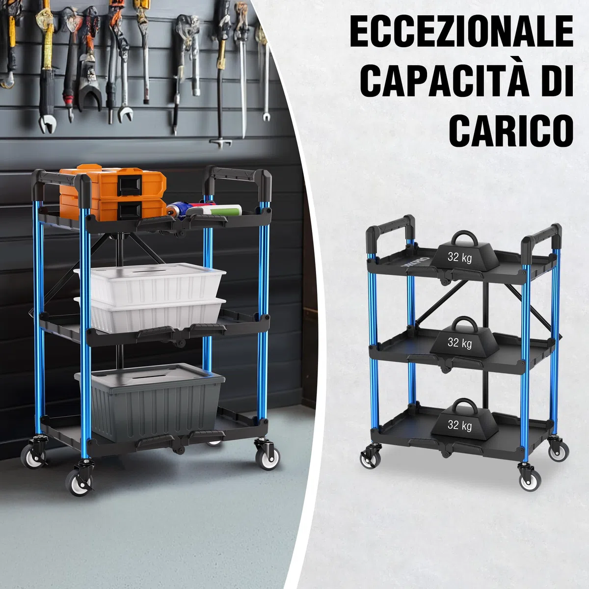 WORKPRO Carrello Pieghevole con Ruote a 3 Strati, Carrello Porta Attrezzi Multifunzione con 4 Ruote (2 con Freno) Carico di 32 kg, Ideale per Garage, Magazzini, Uffici(Non Necessita di Installazione)