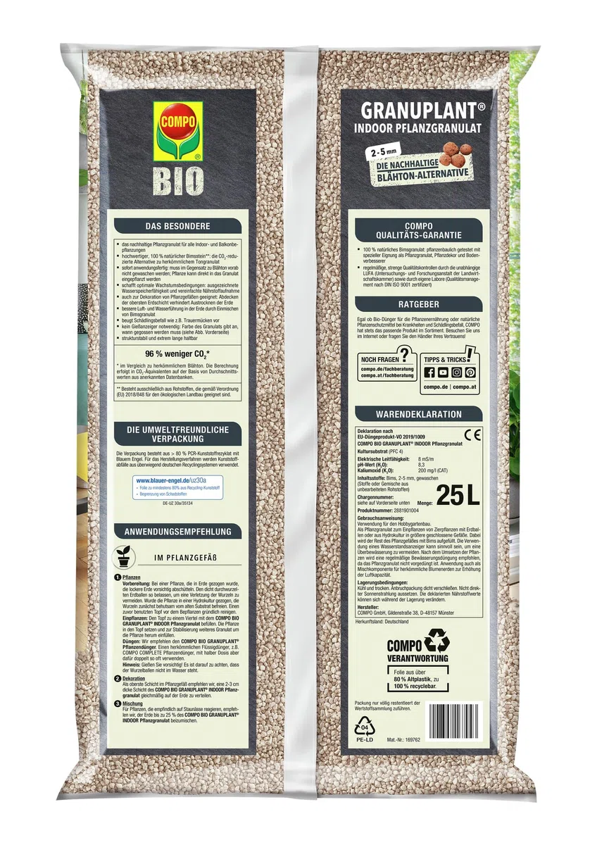 COMPO Granuplant Bio - Granuli per drenaggio e piante per interni, pietra pomice naturale al 100%, alternativa sostenibile all'argilla espansa, 25 litri