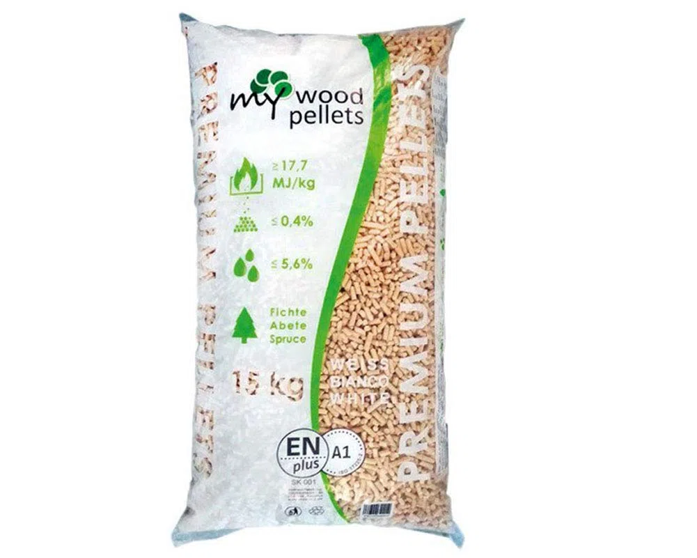 PELLET ABETE 100% SACCO KG.15 PELLET MY WOOD CERTIFICATO BIANCO LATTE SLOVACCO CERTIFICATO A1