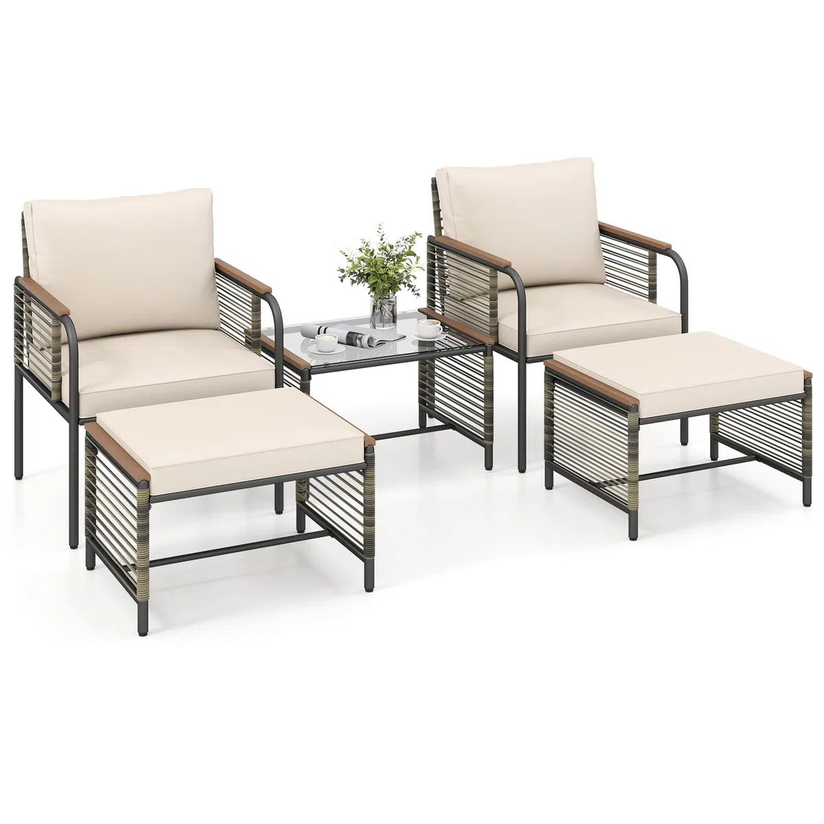COSTWAY Set Conversazione da Esterno 5 Pezzi con Cuscini, Sedie in Rattan con 2 Pouf e Tavolino da Caffè in Vetro Temperato, Set di Mobili da Esterno per Balcone, Veranda, Terrazza e Giardino (Beige)