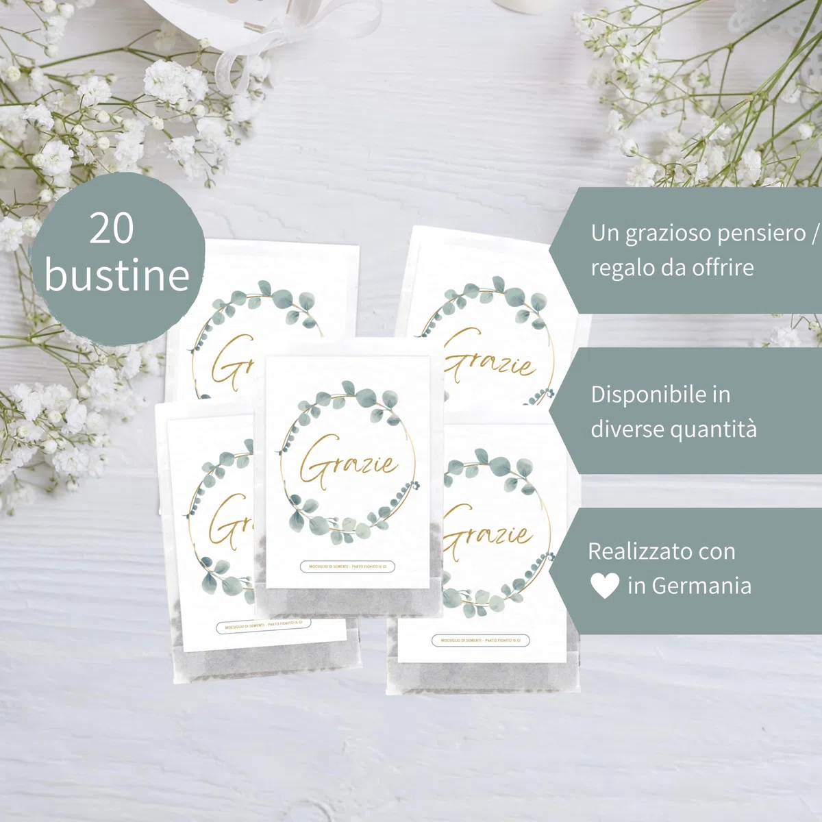 Semi di Fiori "Grazie" | Idee Regalo e Pensierino Originale | Piccolo Regalo per Colleghi, Maestre e Ospiti | Bomboniere Compleanno Bambini | Segnaposto Comunione (20 pezzi - Grazie "Eucalipto")