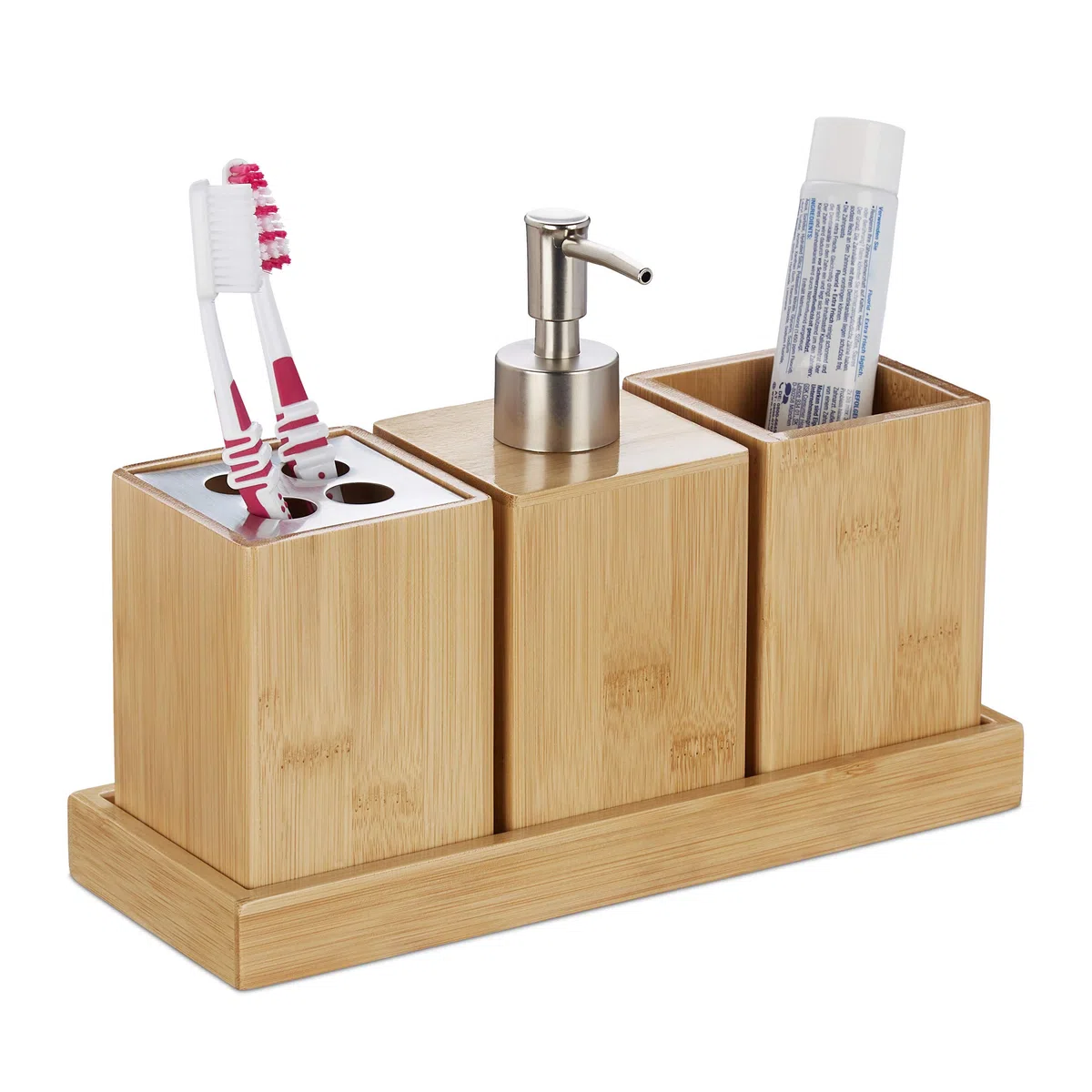 Relaxdays Set Bagno, Confezione 4 Accessori in bambù, Portaspazzolino, Porta Dentifricio, Portasapone & Vassoio,Naturale