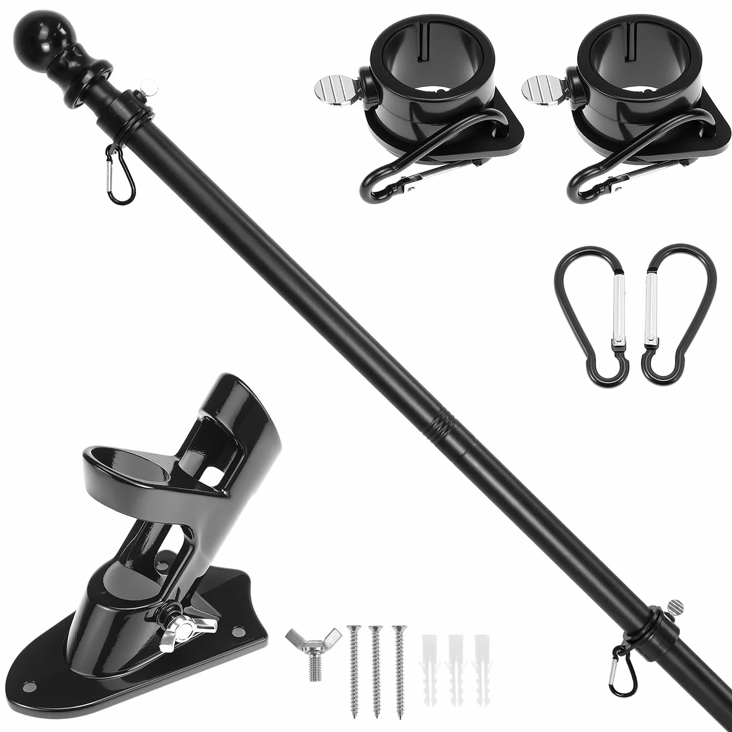 QWORK® Kit Portabandiera da Esterno - Bandiera in Metallo Opaco 180 cm con Staffa a Muro, Testa a Gomito e Anello di Rotazione - Sospensione 45°/90° - Lunghezza Regolabile
