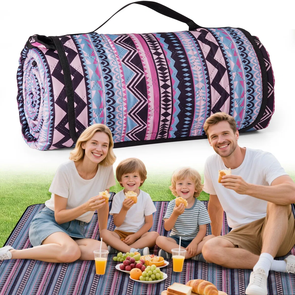 Coperta da picnic impermeabile, extra grande, 200 x 200 cm, resistente alla sabbia, lavabile, campeggio, spiaggia, accessorio da campeggio per attività all'aperto, Boemia