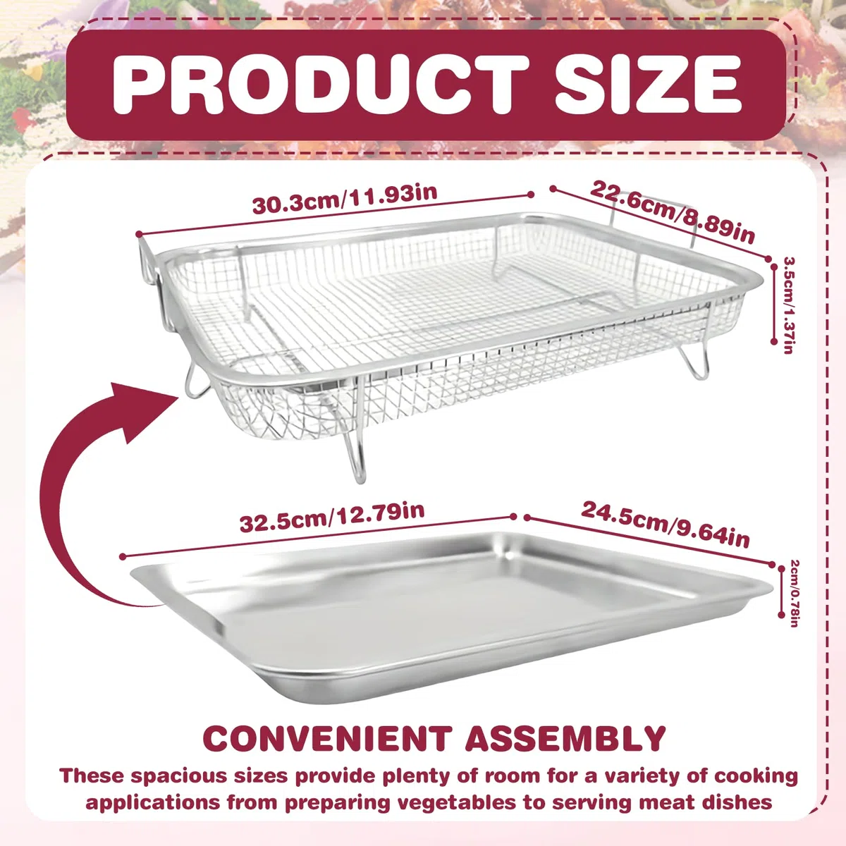Teglia da forno con griglia di raffreddamento, cestino per barbecue, in acciaio inox con manico e base, rettangolare, in rete, per grigliare e raffreddare (32,5 x 24,5 x 5,2 cm)