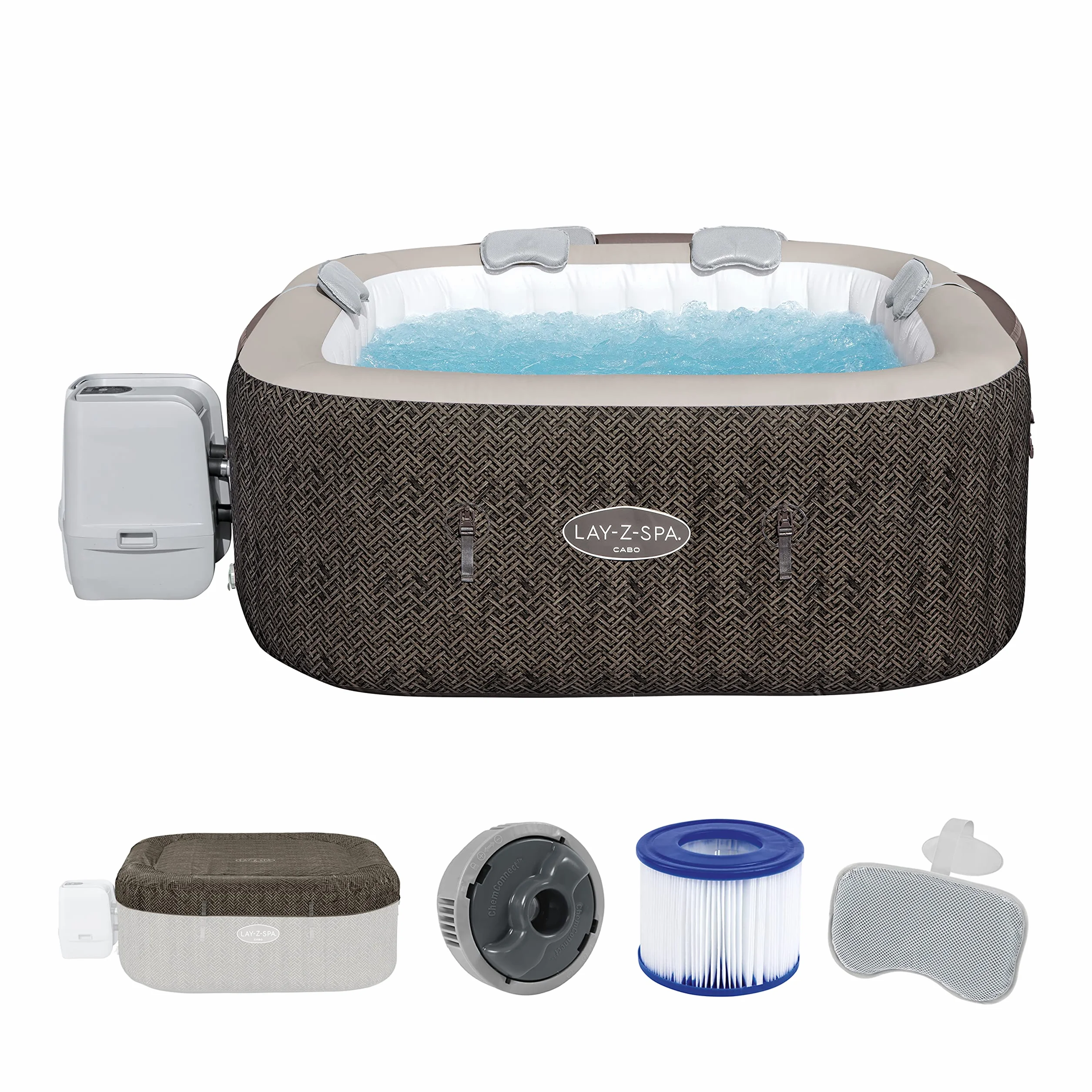 Bestway 6001R Idromassaggio a risparmio energetico Lay-Z-Spa Cabo Smart HydroJet con app, 4-6 persone, marrone effetto rattan