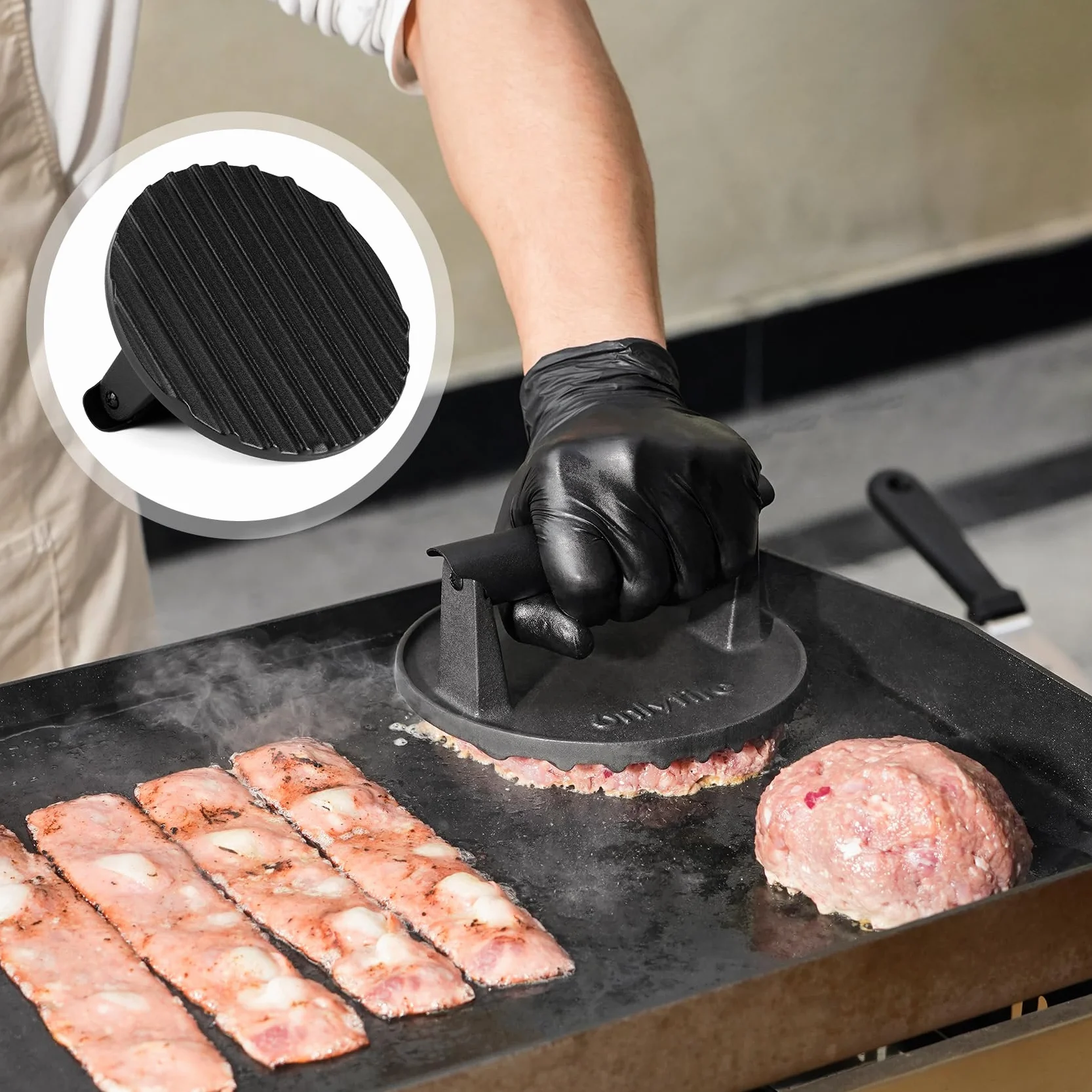 onlyfire Set di Spatola 4pcs Kit Utensili Barbecue per Teppanyaki, Smash Burger Pressa per Hamburger in Ghisa, Spatola per Piastra, Raschietto per Barbecue e Pinze da Cucina, Kit Utensili Barbecue