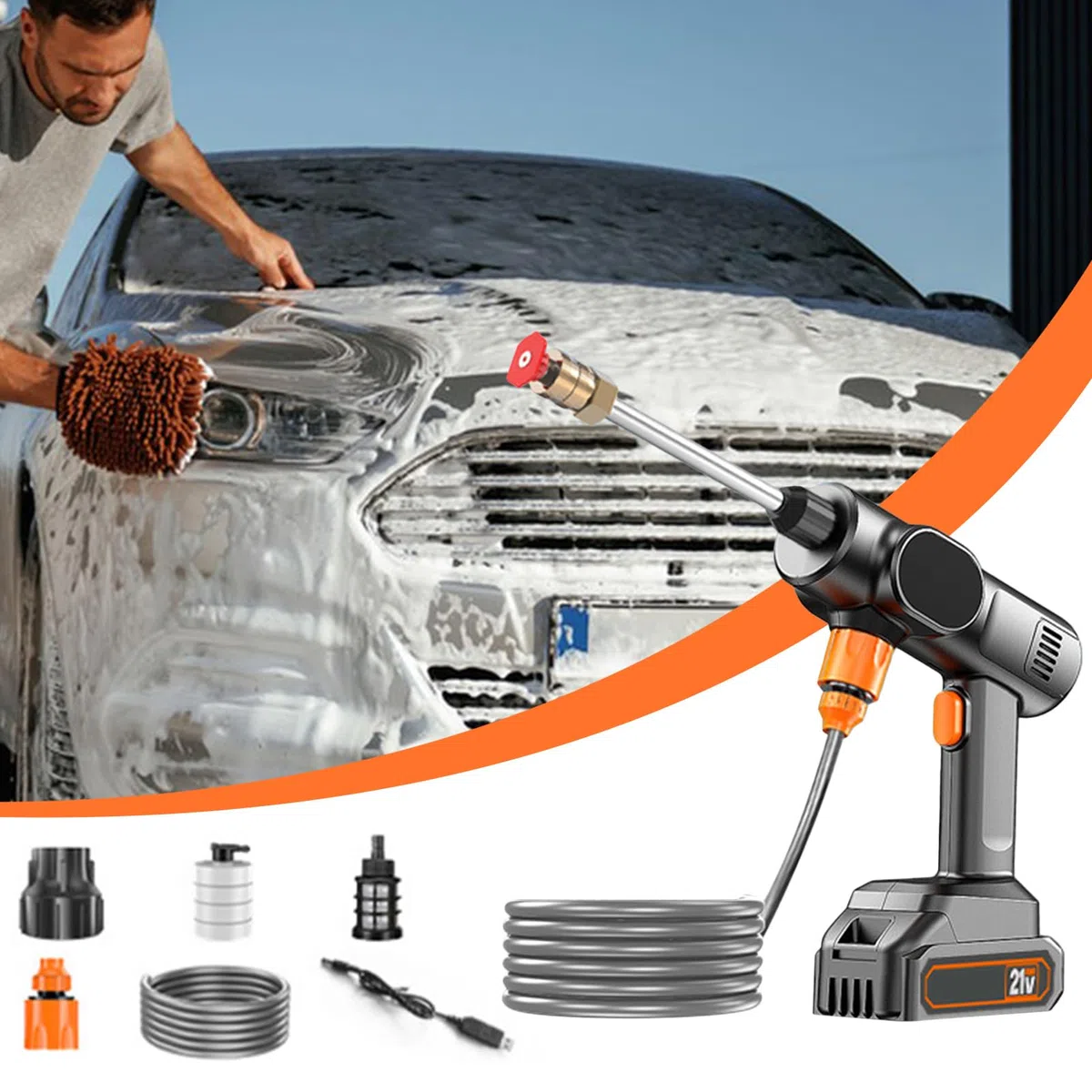 Carrello pulitore a pressione – Spray ad acqua ad alta pressione, bruciatore a 21 V – Lavatrice portatile | Ugello per automobili, casa, pulizia vialetti, lavaggio auto portatile, attrezzatura