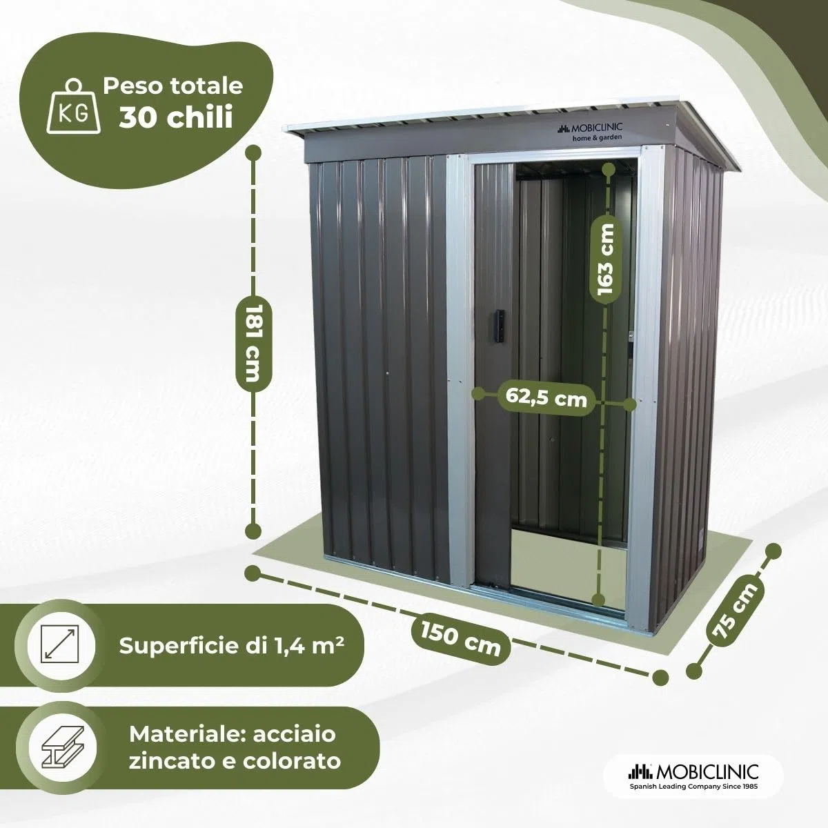 Mobiclinic®, Casetta da Giardino, Con Porta Scorrevole, 150 x 75 x 181 cm, Armadio da Esterno, Lucchettabile, Nomi, Tetto spiovente, 1.4 m², Custodia Sicura, Resistente, Grigio