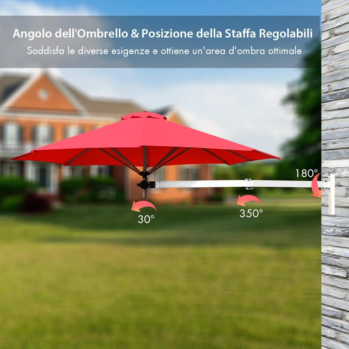 COSTWAY Ombrellone da Parete 250 cm, Ombrellone da Muro per Giardino con Angolo Regolabile, Parasole Esterno Pieghevole Anti UV, per Giardino, Balcone e Cortile (Rosso)