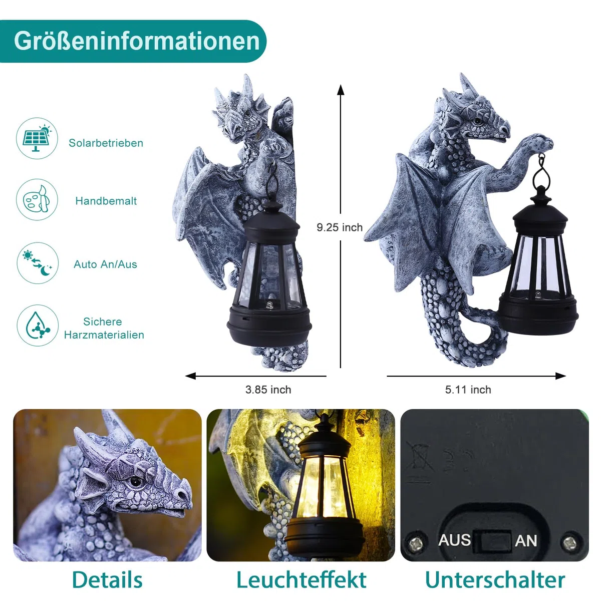 Yeomoo Figure di drago con lampade solari, tronco d'albero, decorazione da giardino per esterni