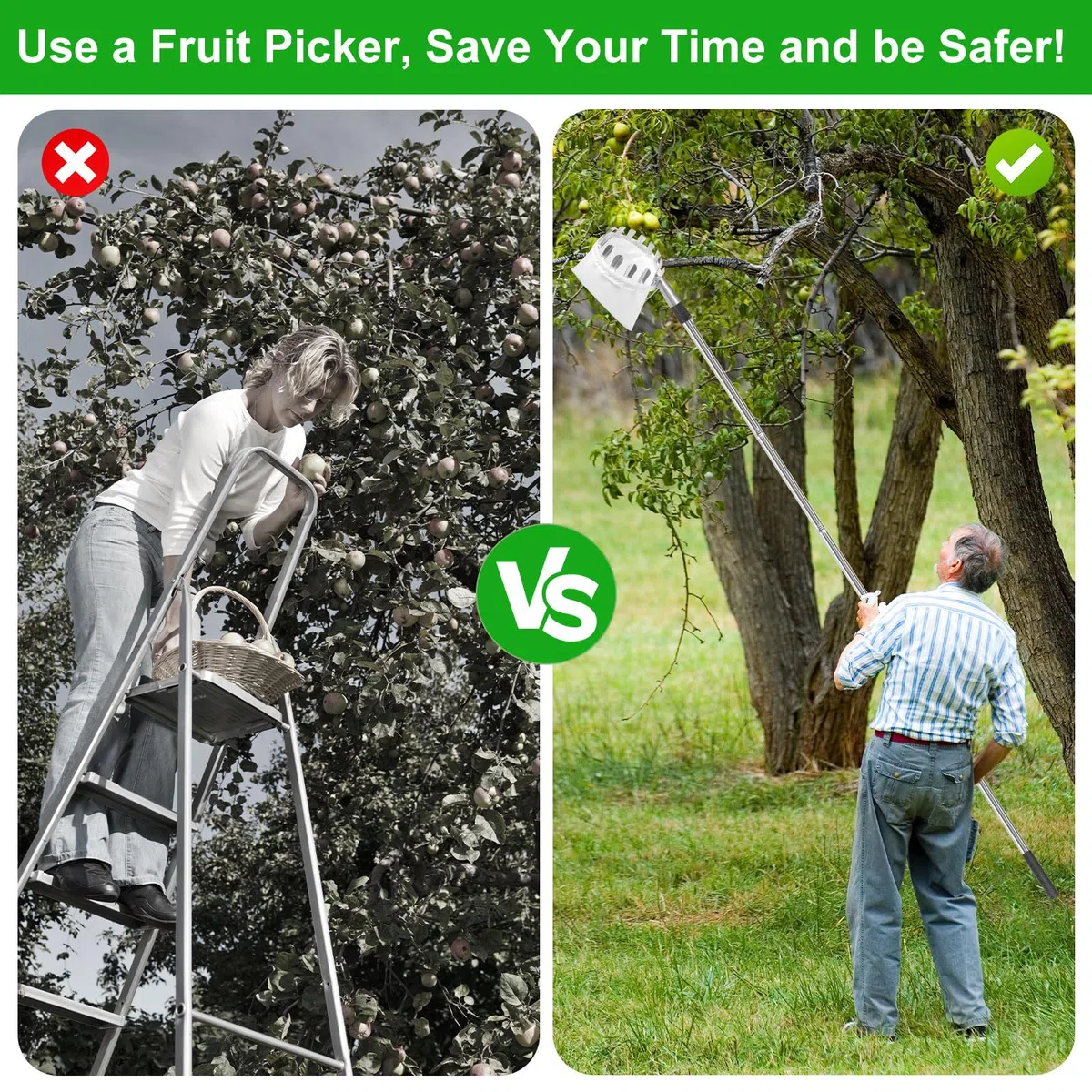 GOSHIES Raccogli frutta, 4 m, con manico telescopico, raccogli mele, con sacchetto di cotone, per ciliegie, facile da montare per alberi da frutto